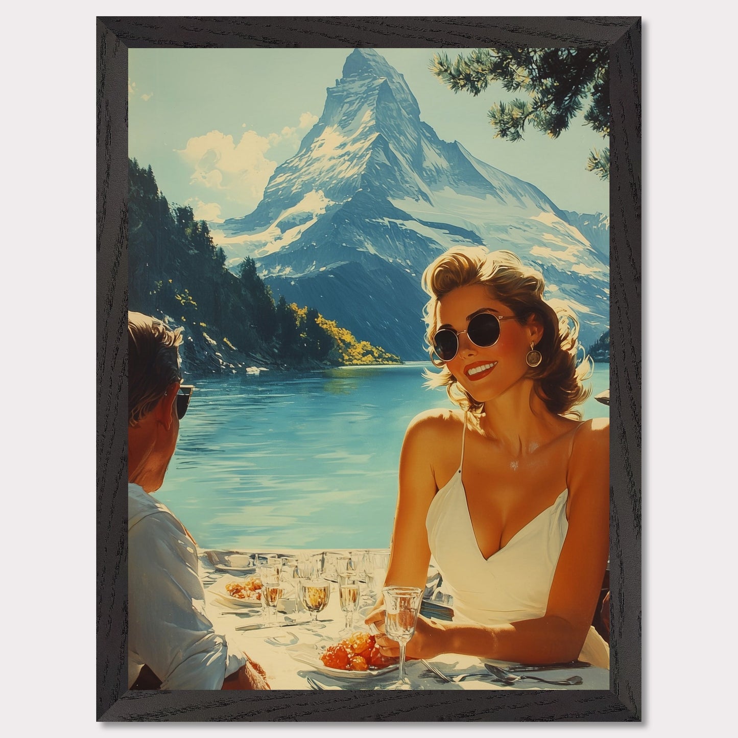 This illustration depicts a scenic outdoor dining setting by a lake with snowy mountains in the background. A woman in sunglasses and a white dress is smiling while holding a glass, and a man is sitting across from her.