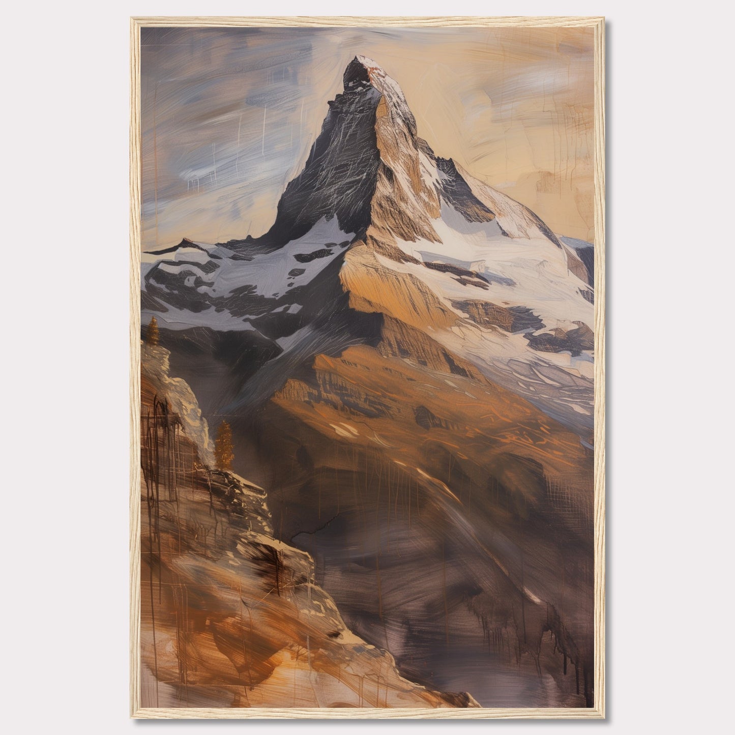 This stunning artwork captures the majestic beauty of a towering mountain peak bathed in warm, golden light. The painting showcases the rugged textures and dramatic contrasts of the rocky terrain, with snow-capped sections adding to its grandeur.