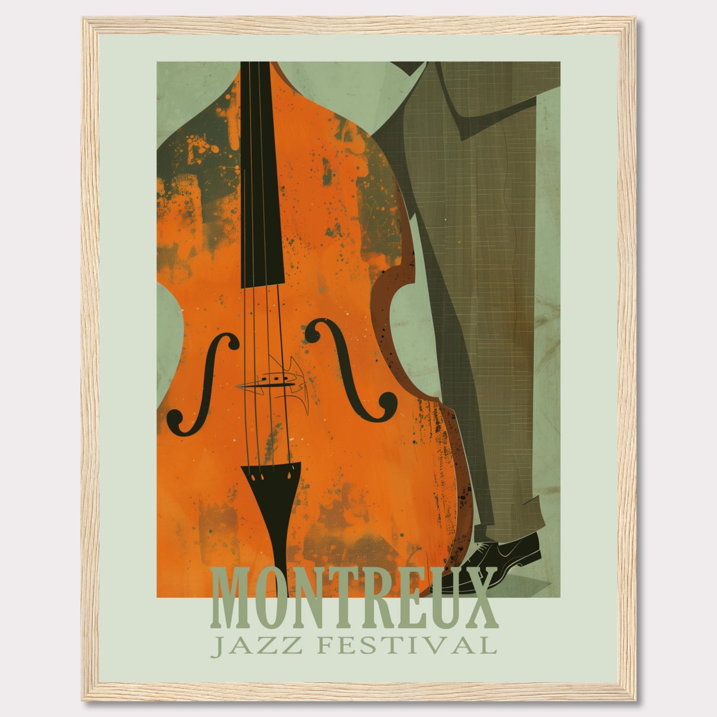 This image is a poster for the Montreux Jazz Festival. It features an abstract illustration of a double bass and a person in a suit.