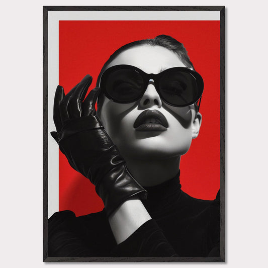 This striking black and white portrait features a stylish woman against a bold red background. Her look is accentuated by oversized sunglasses, dark lipstick, and sleek leather gloves, exuding an air of mystery and sophistication.