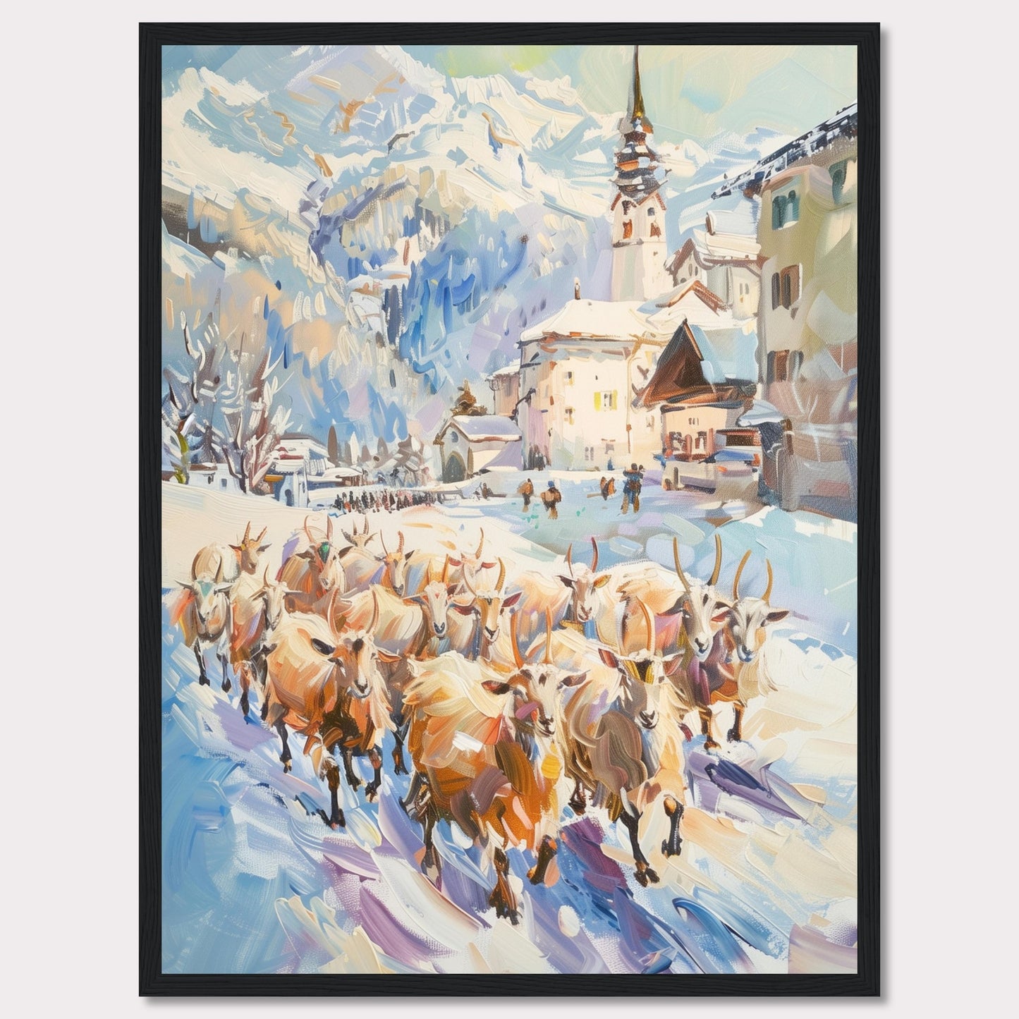 This captivating painting depicts a serene winter village scene with a herd of sheep being guided through the snow-covered streets. The backdrop features majestic snow-capped mountains and charming alpine architecture, including a prominent church steeple.