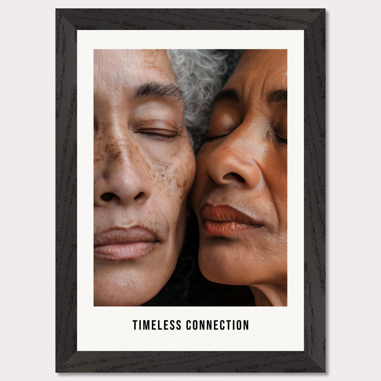 This illustration shows a close-up view of two elderly individuals with their eyes closed, conveying a sense of peace and connection. The text "TIMELESS CONNECTION" is displayed at the bottom.

This poster would fit well in a living room, bedroom, or any space meant for relaxation and reflection.