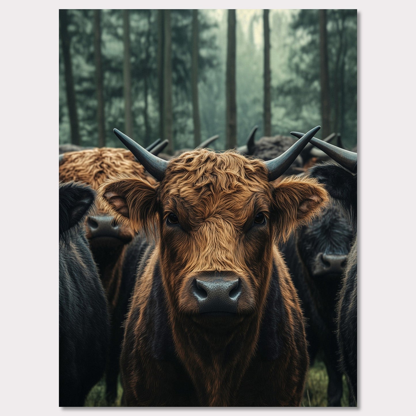 This captivating image features a herd of Highland cattle standing in a misty forest. The central focus is on a brown Highland cow, with its distinctive long horns and shaggy coat, staring directly at the viewer. The background showcases tall trees enveloped in fog, adding a mystical ambiance to the scene.