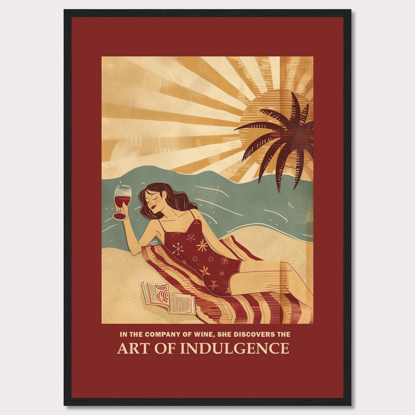 This vibrant poster features a woman relaxing on a beach with a glass of wine. The sun is setting behind a palm tree, casting warm rays over the scene. She is lying on a striped blanket with an open book beside her, embodying a moment of pure relaxation and indulgence.