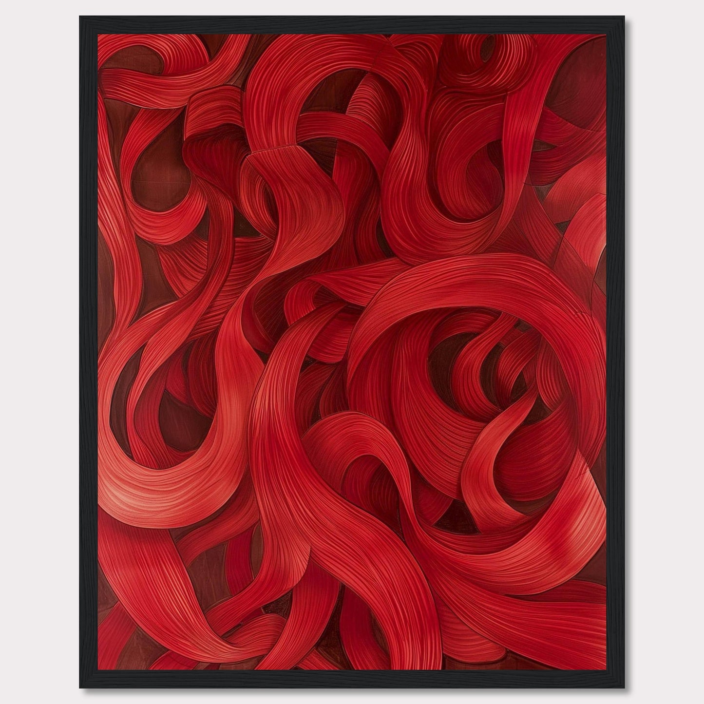 This captivating artwork features a mesmerizing array of red swirls and curves, creating a dynamic and flowing visual experience. The intricate details and rich hues draw the viewer in, evoking a sense of movement and passion.