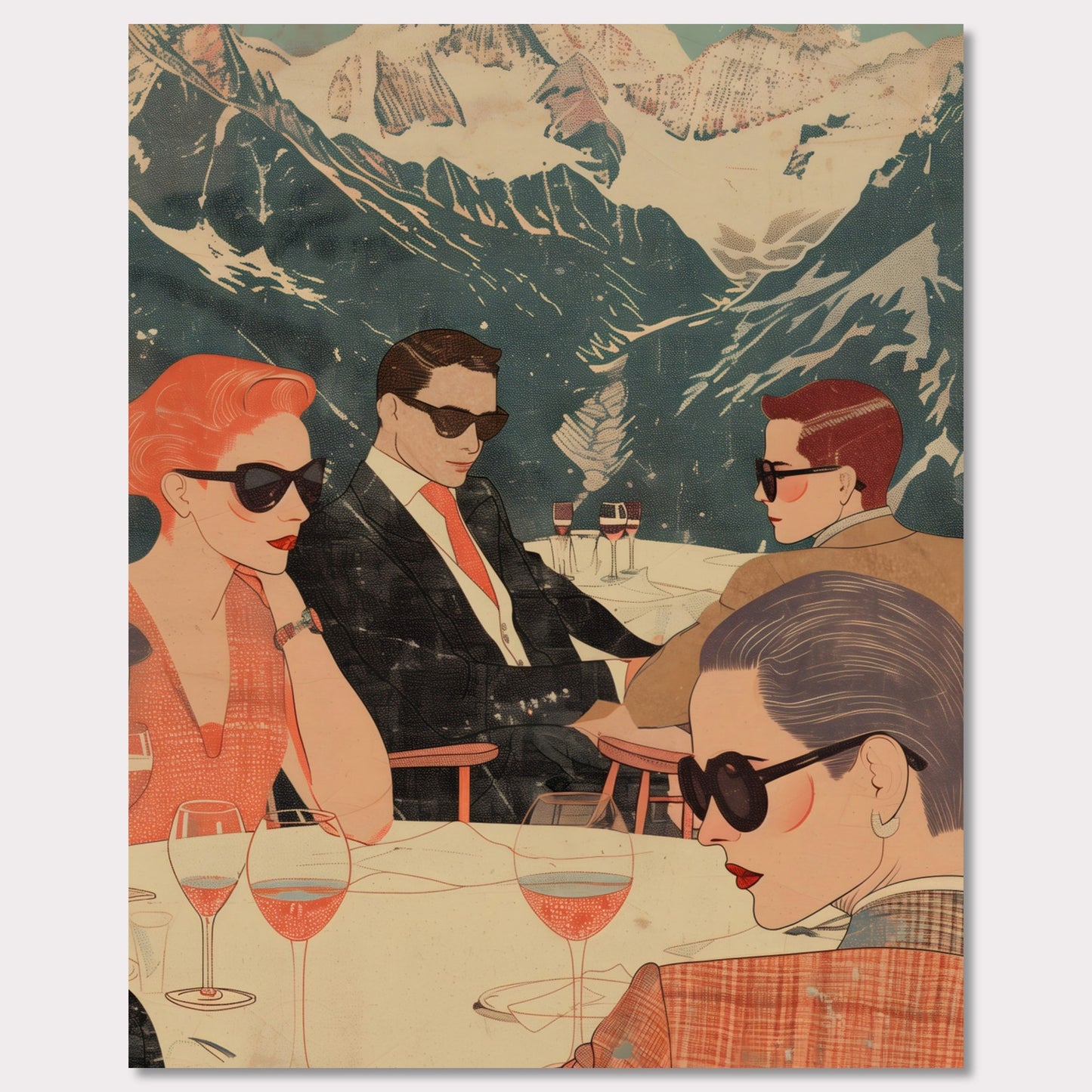 This captivating illustration depicts a stylish group of individuals enjoying a sophisticated gathering with a stunning mountain backdrop.  Four people wearing sunglasses Elegant attire Wine glasses on the table Snow-capped mountains in the background Serene outdoor setting