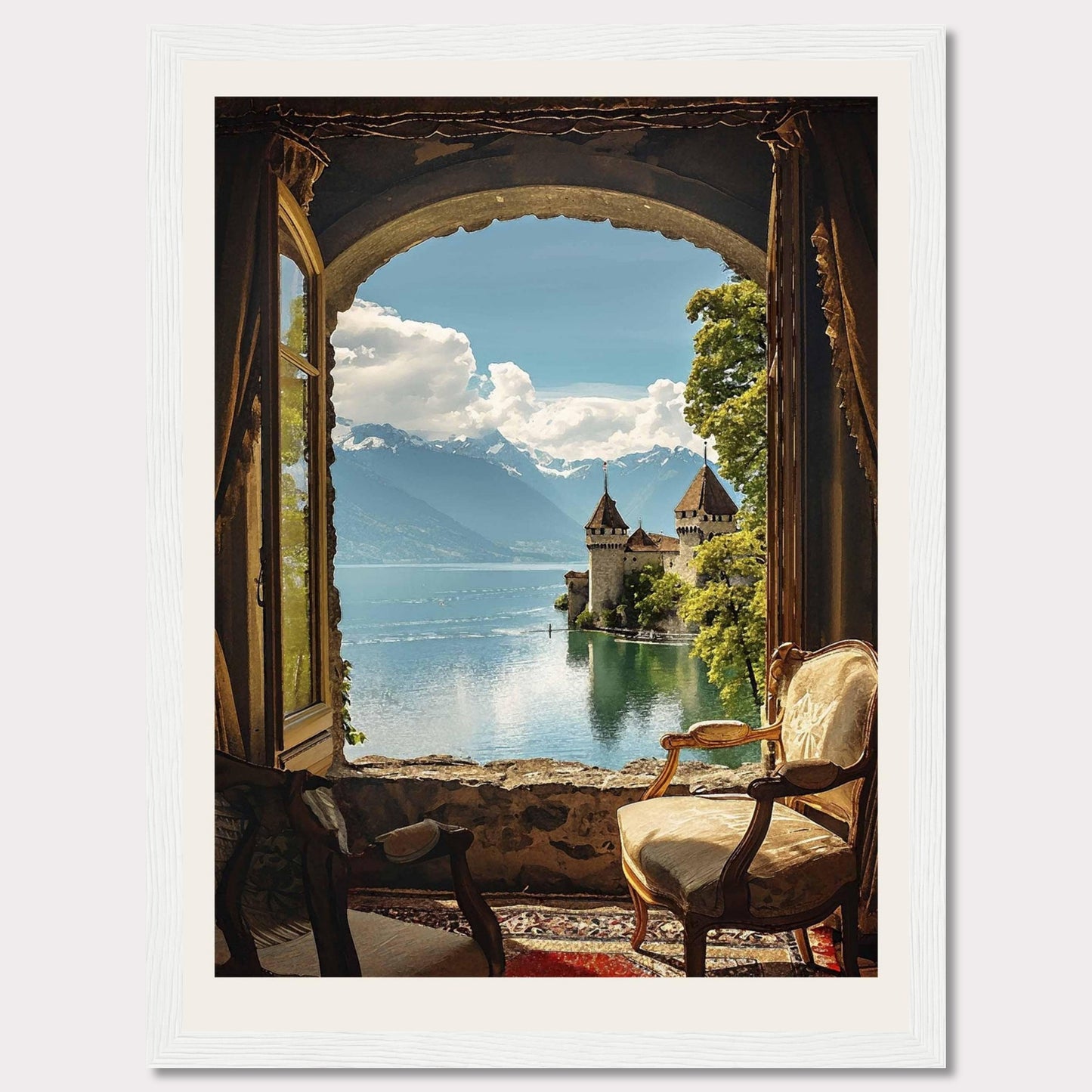 This stunning framed artwork captures a breathtaking view through an arched window, revealing a serene lake with a majestic castle and snow-capped mountains in the background. The cozy interior with antique chairs adds a touch of warmth and elegance.