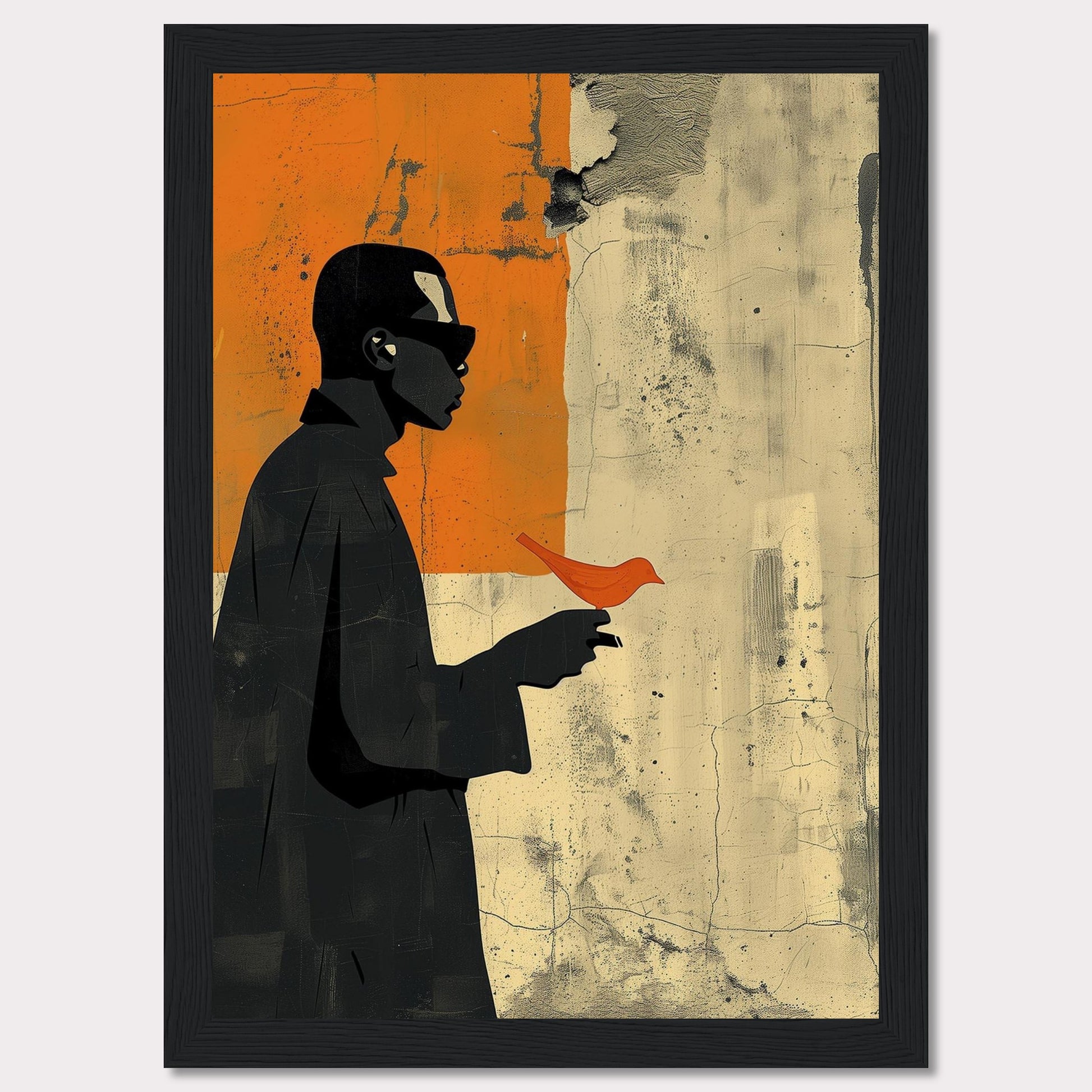 This striking artwork features a silhouette of a person holding a vibrant orange bird against a textured, abstract background. The contrast between the dark figure and the bright bird creates a powerful visual impact.