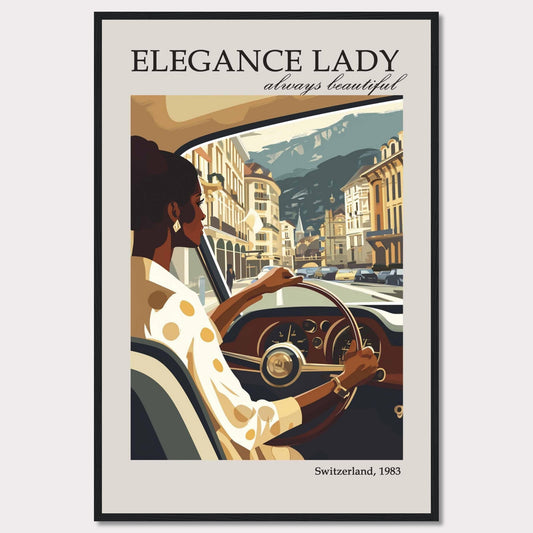 This image depicts a stylish woman driving through a picturesque European city, exuding elegance and confidence.