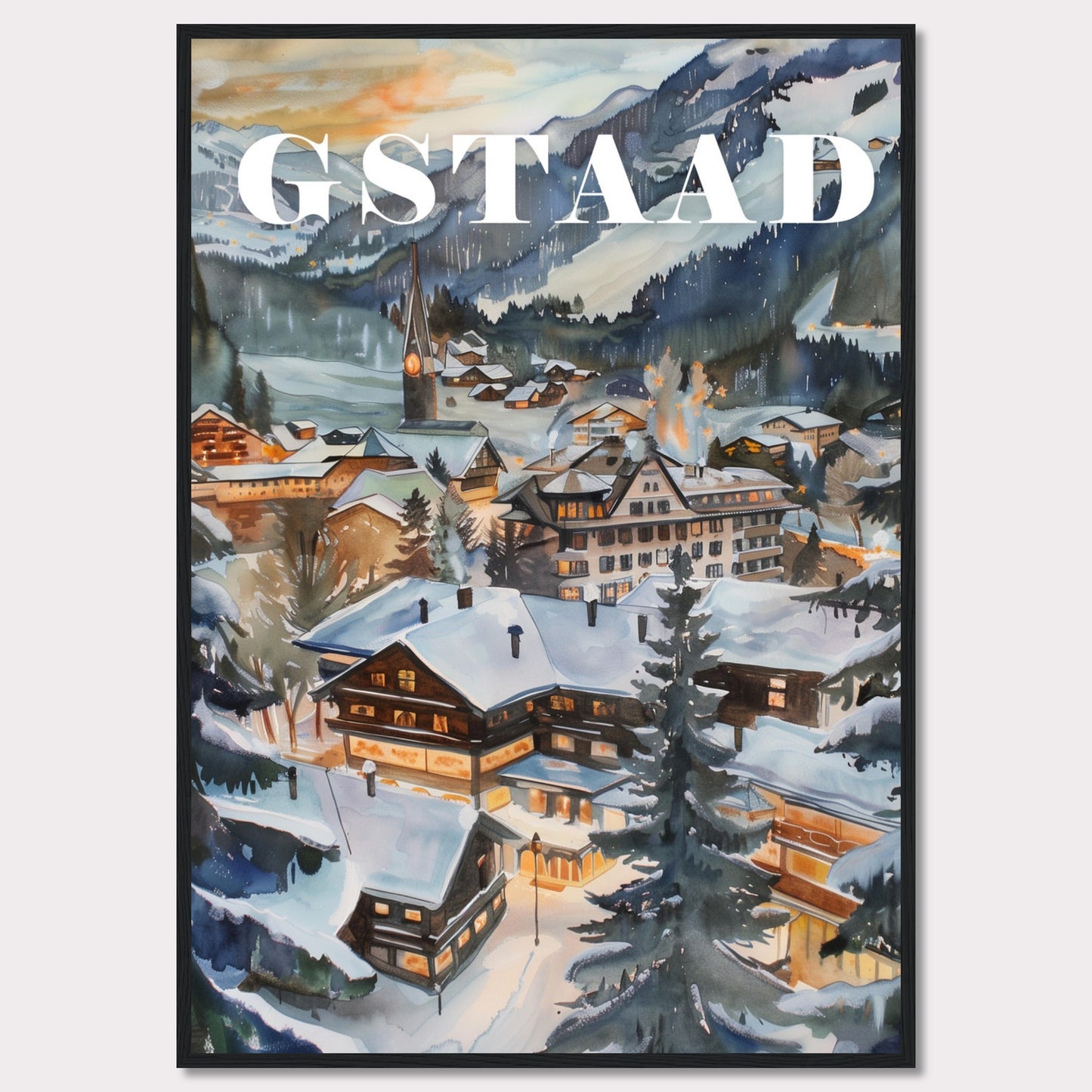 This image showcases a beautiful winter scene of Gstaad, a picturesque village nestled in the Swiss Alps. The painting captures the charm of snow-covered chalets, pine trees, and a serene mountainous backdrop under a soft evening sky.