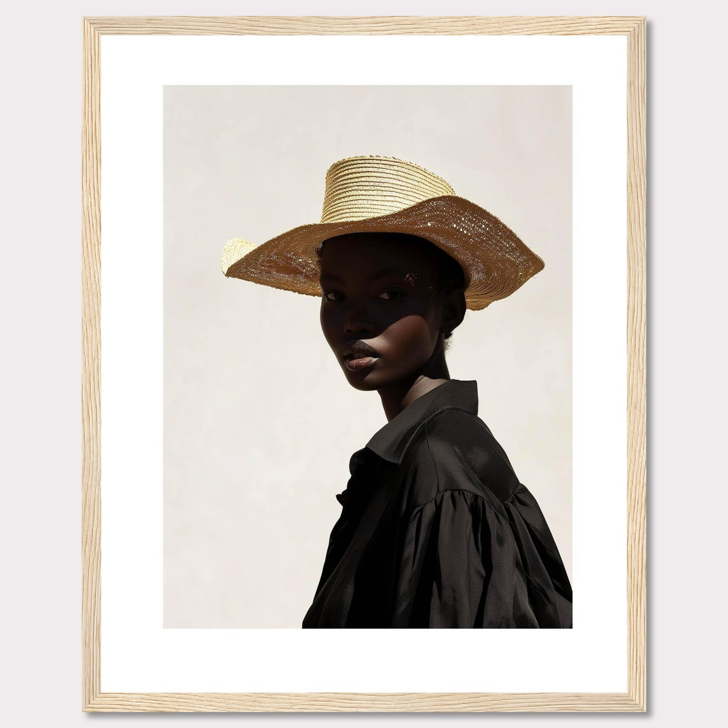 This striking portrait features a person wearing a wide-brimmed straw hat and a black outfit, set against a minimalist light background. The play of light and shadow adds depth and intrigue to the image.