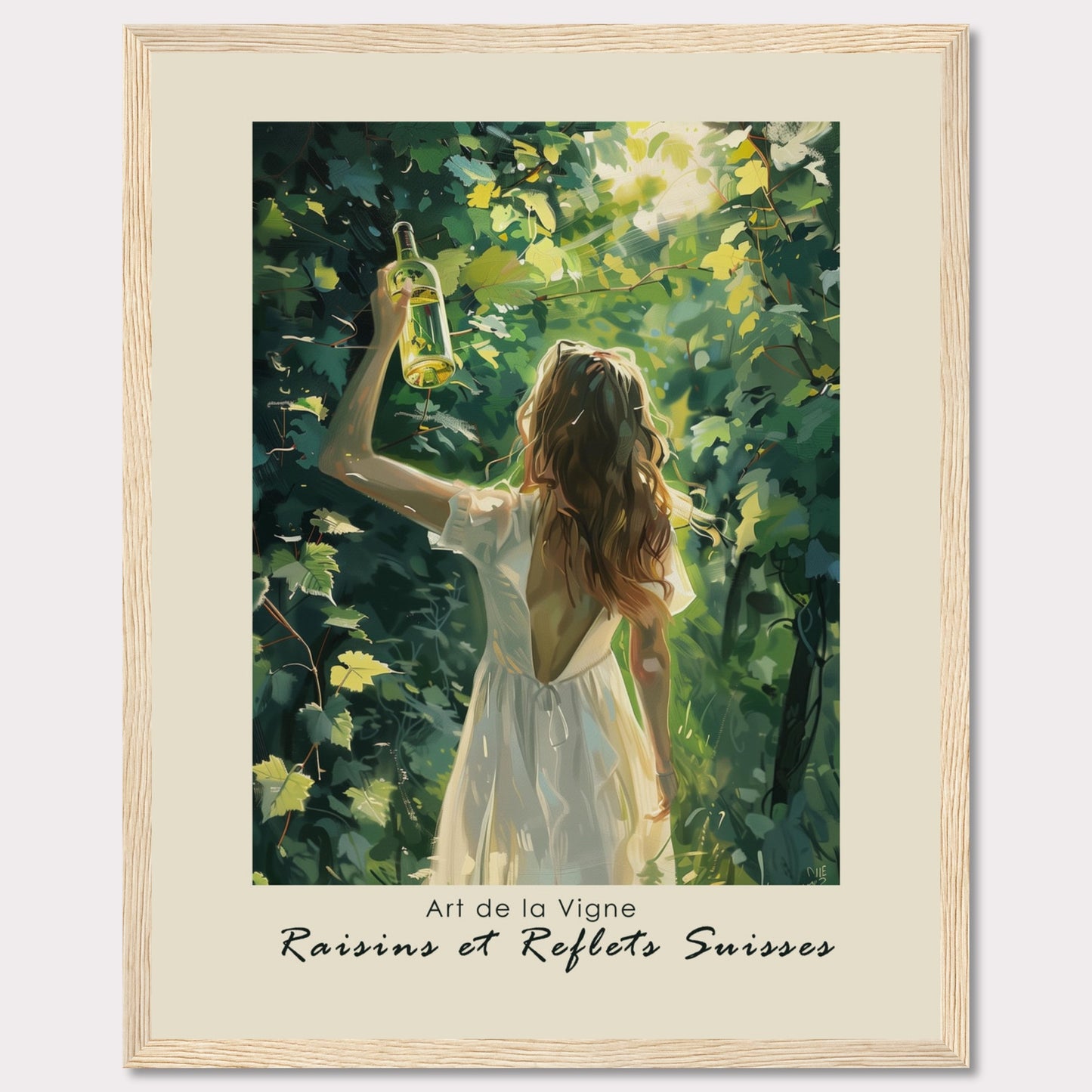 This captivating artwork titled "Art de la Vigne" showcases a woman in a white dress holding up a bottle of wine amidst lush green vines, with sunlight filtering through the leaves. The scene exudes a sense of tranquility and connection with nature.