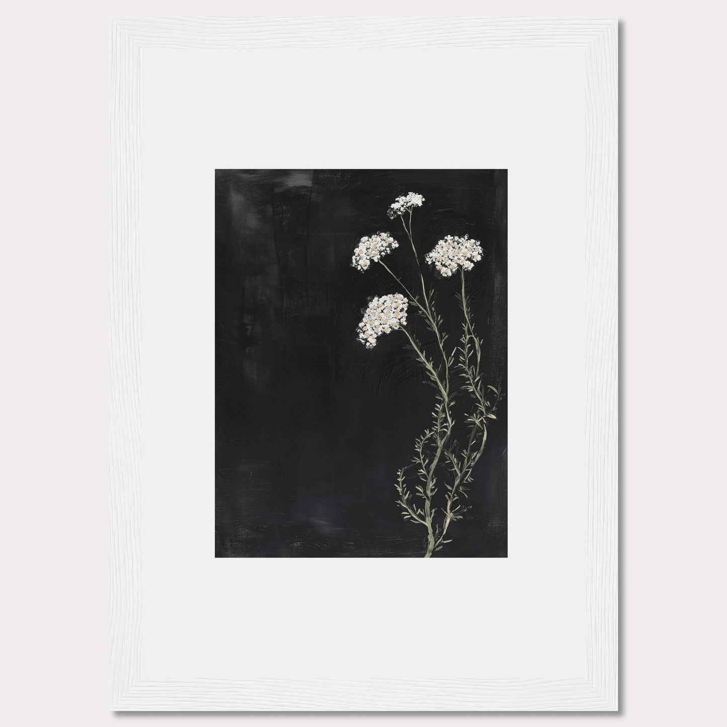 This elegant framed artwork features delicate white flowers against a deep black background, creating a striking contrast. The minimalist design emphasizes the natural beauty of the floral arrangement, making it a perfect addition to any modern interior.