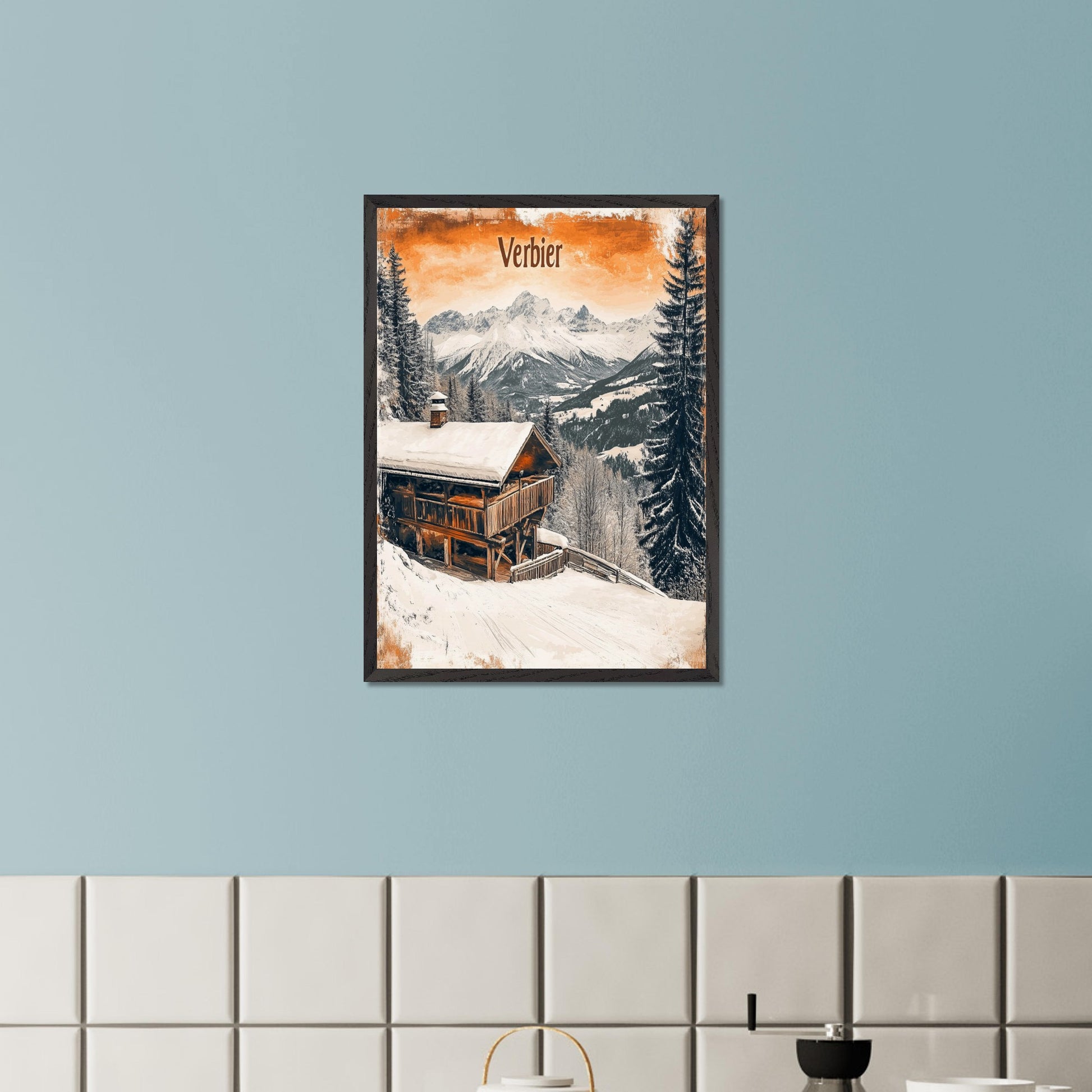 This charming retro-style poster showcases a cozy wooden cabin nestled in the snowy mountains of Verbier. The cabin, with its warm and rustic exterior, contrasts beautifully against the crisp white snow and towering, snow-capped peaks in the distance. The soft, vintage tones in the sky and the peaceful surroundings evoke a sense of tranquility and the perfect winter getaway. The gentle snowfall and warm cabin lights enhance the nostalgic feeling of a quiet retreat in the Alps.