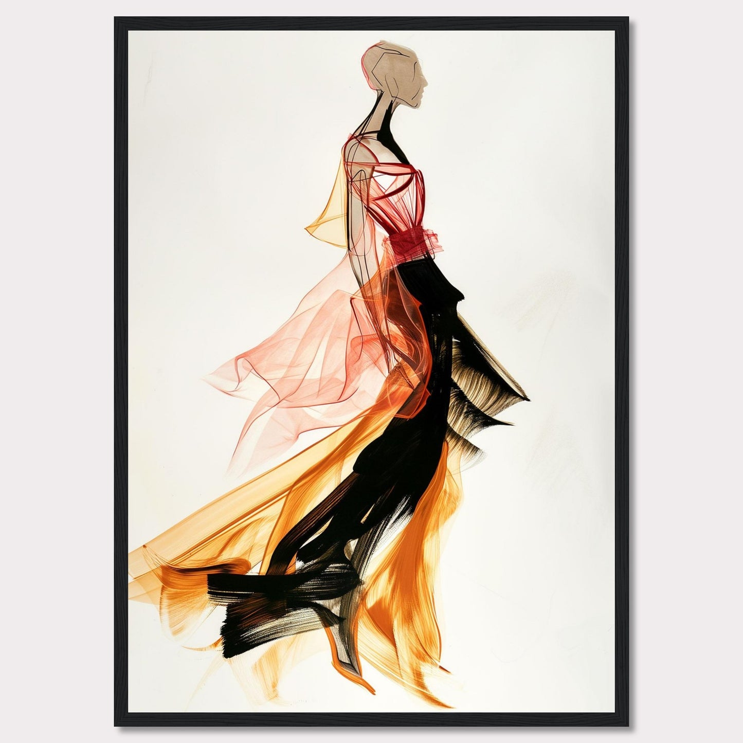 This captivating artwork showcases a fashion illustration of a figure in a flowing, vibrant dress. The dress features dynamic colors and textures, blending red, orange, and black hues. The abstract style and fluid lines create a sense of movement and elegance.