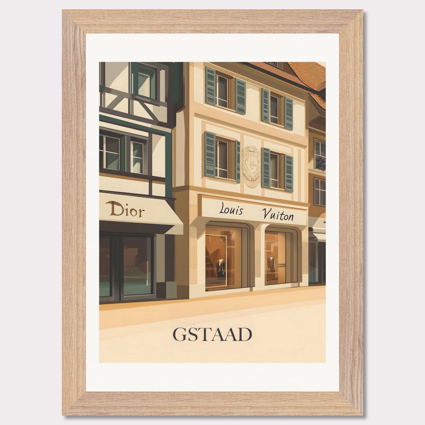 A beautifully illustrated poster showcasing Gstaad’s world-class shopping scene. The charming facades of Dior and Louis Vuitton boutiques reflect the town’s upscale ambiance.