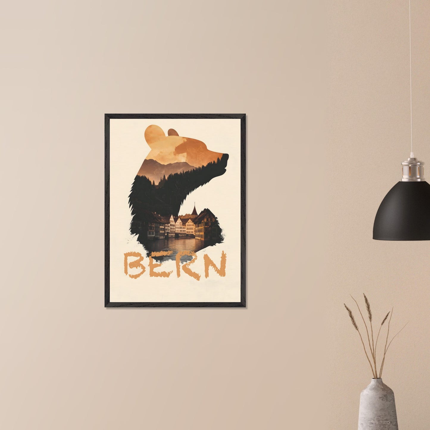 A captivating travel poster that merges Bern’s iconic bear symbol with the city’s historic charm. The silhouette of the bear contains a stunning landscape of alpine forests and traditional Swiss architecture, reflecting the city's rich heritage.