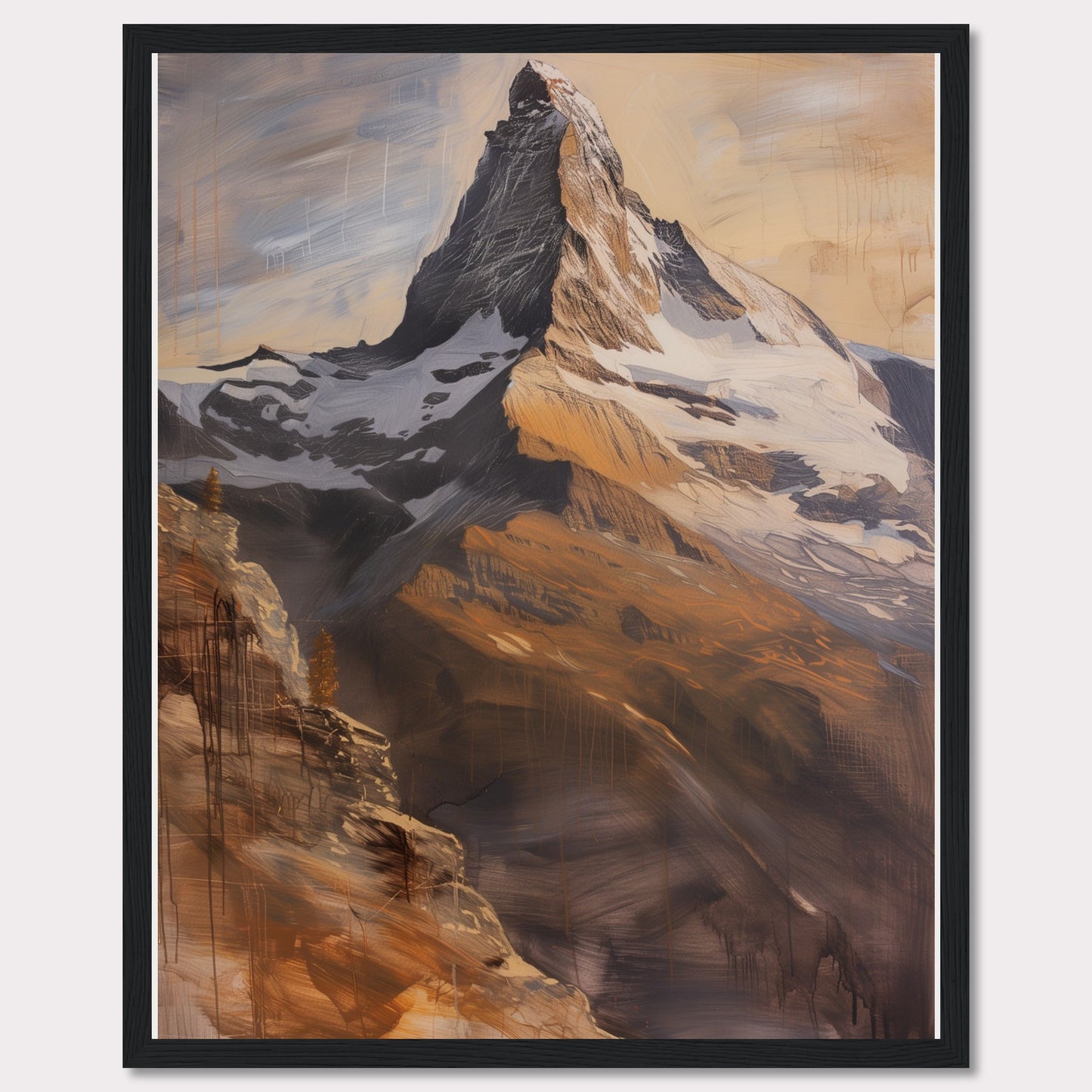 This stunning artwork captures the majestic beauty of a towering mountain peak bathed in warm, golden light. The painting showcases the rugged textures and dramatic contrasts of the rocky terrain, with snow-capped sections adding to its grandeur.