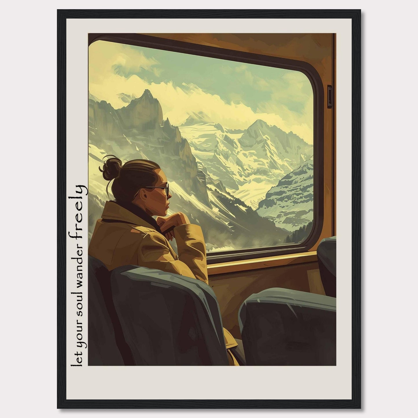 This image depicts a serene moment of a woman gazing out of a train window at a breathtaking mountain landscape. The scene is framed with the text "Let your soul wander freely" on the left side.