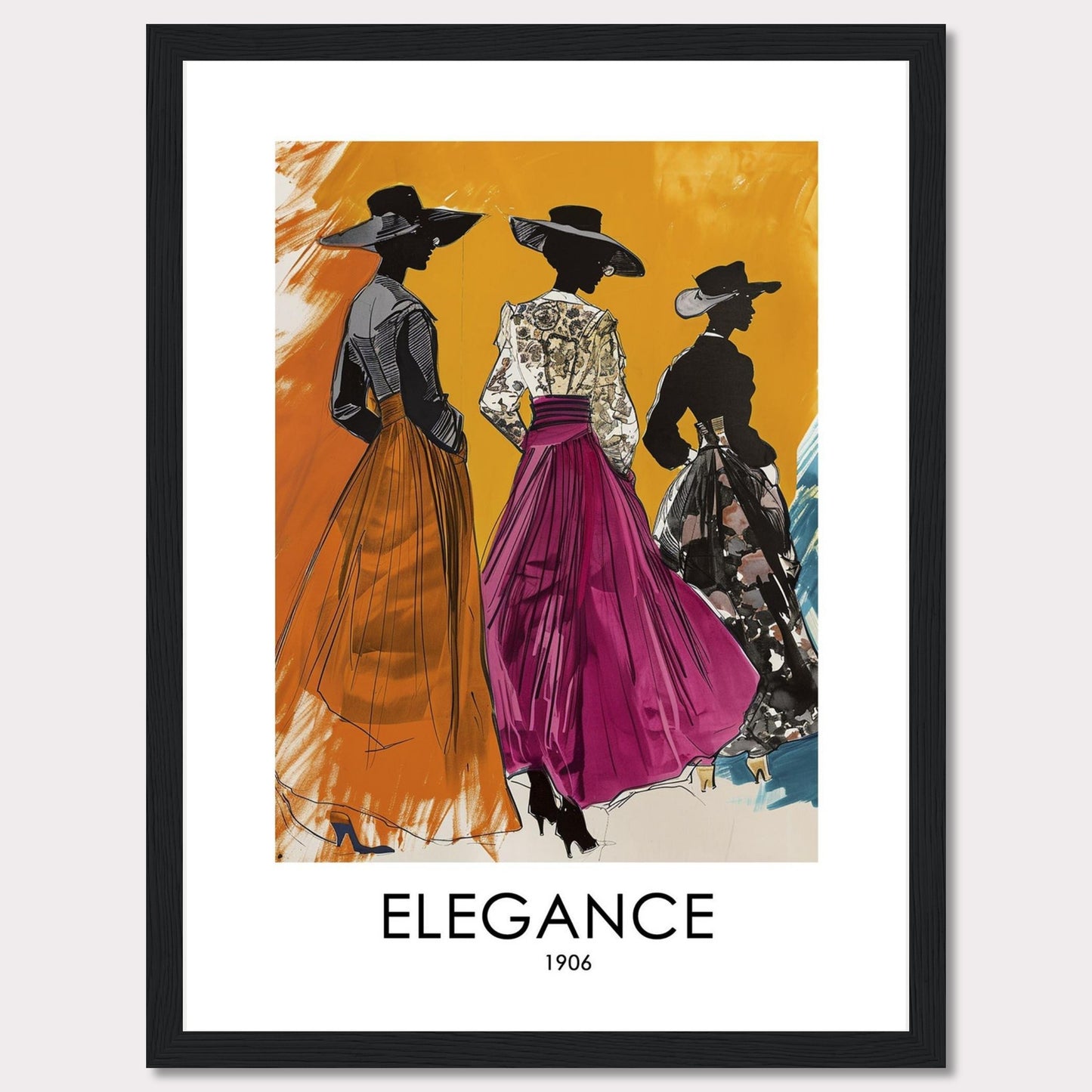 Three stylish women in elegant dresses and wide-brimmed hats stand gracefully against a vibrant orange background. The artwork exudes sophistication and timeless fashion from the early 1900s.