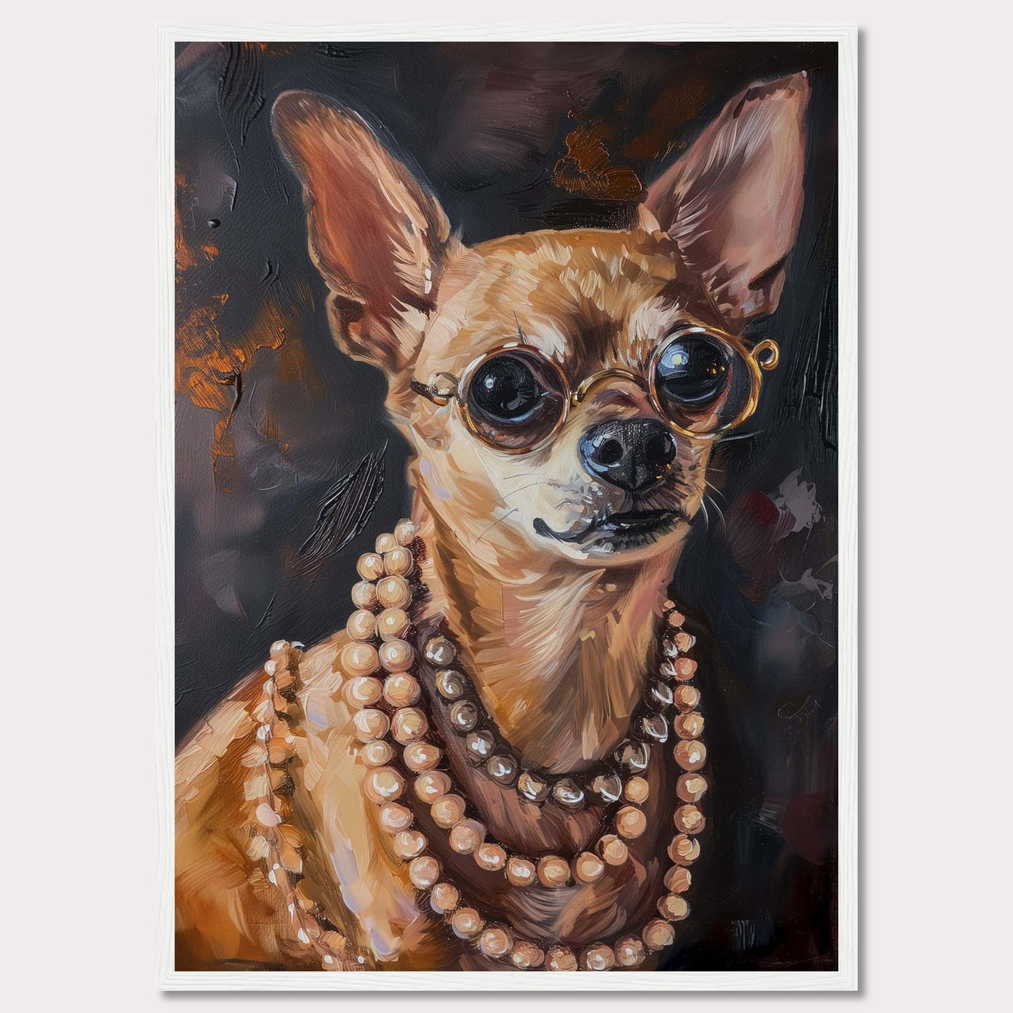 This captivating artwork features a stylish Chihuahua wearing round glasses and multiple strands of pearls. The painting exudes elegance and charm, making it a perfect statement piece for any room.