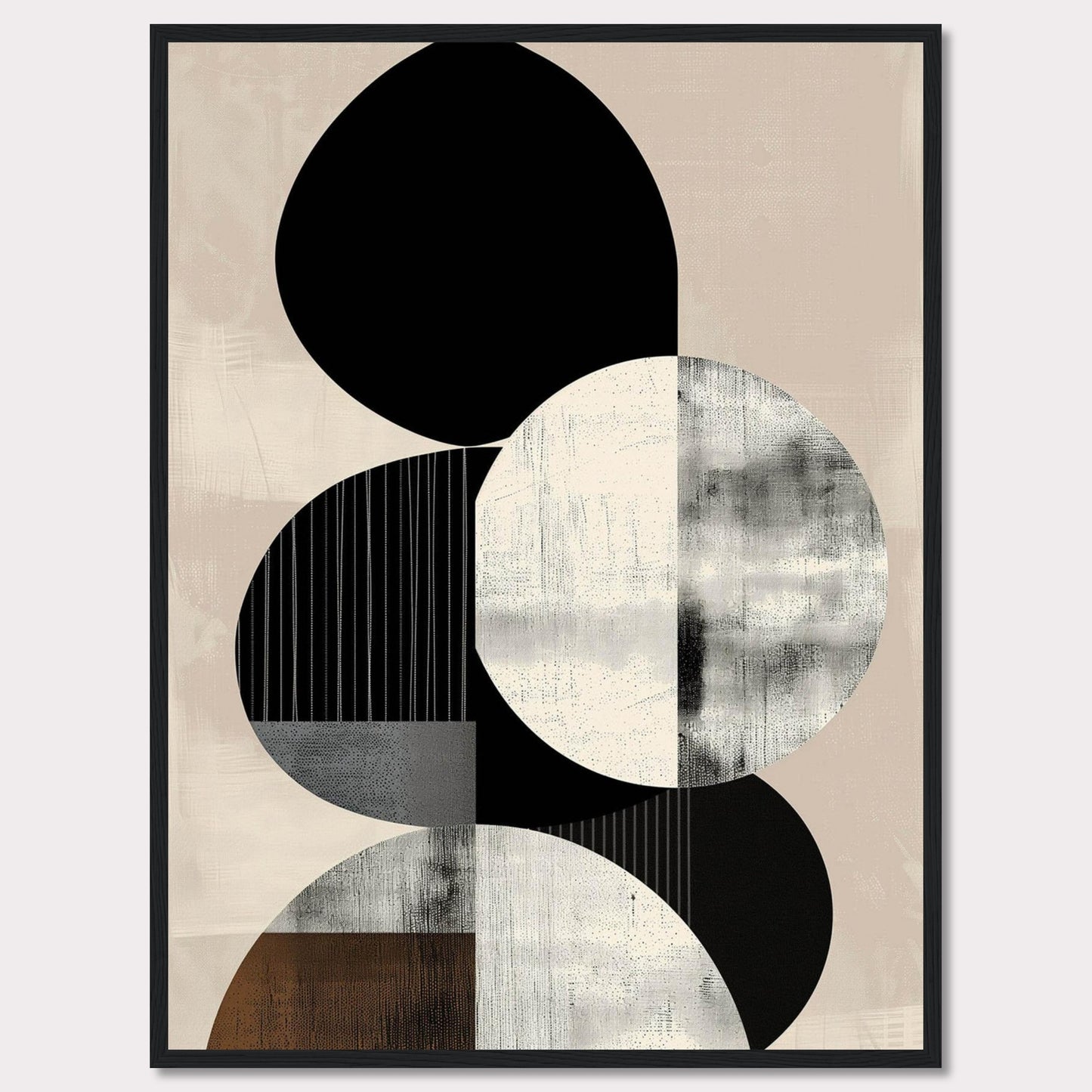 This image showcases a modern abstract art piece featuring geometric shapes in monochrome and neutral tones. The design includes overlapping circles and ovals with textured patterns.