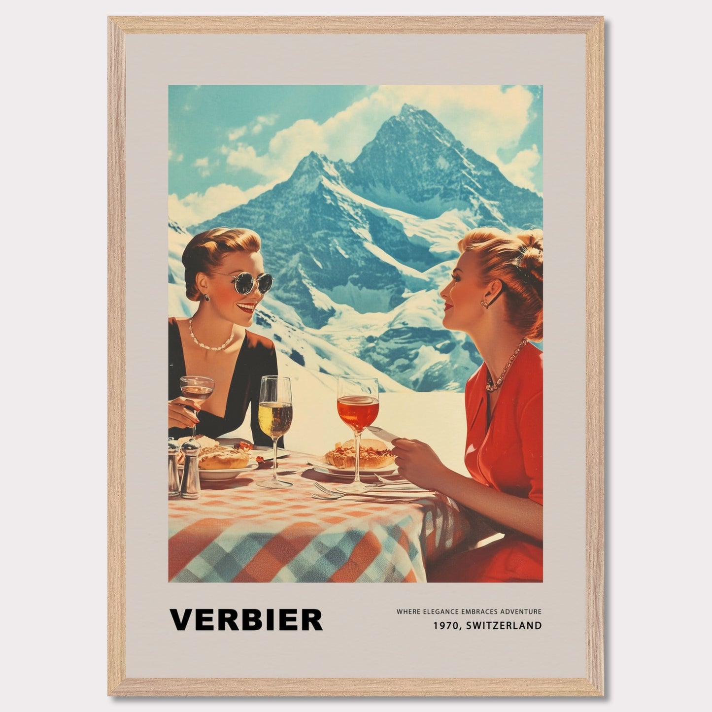 This glamorous poster showcases the refined charm of Verbier, featuring two elegantly dressed women enjoying an alfresco meal with breathtaking alpine peaks as their backdrop. The scene embodies a perfect blend of sophistication and adventure, inviting viewers to savor the unique allure of this Swiss ski destination.