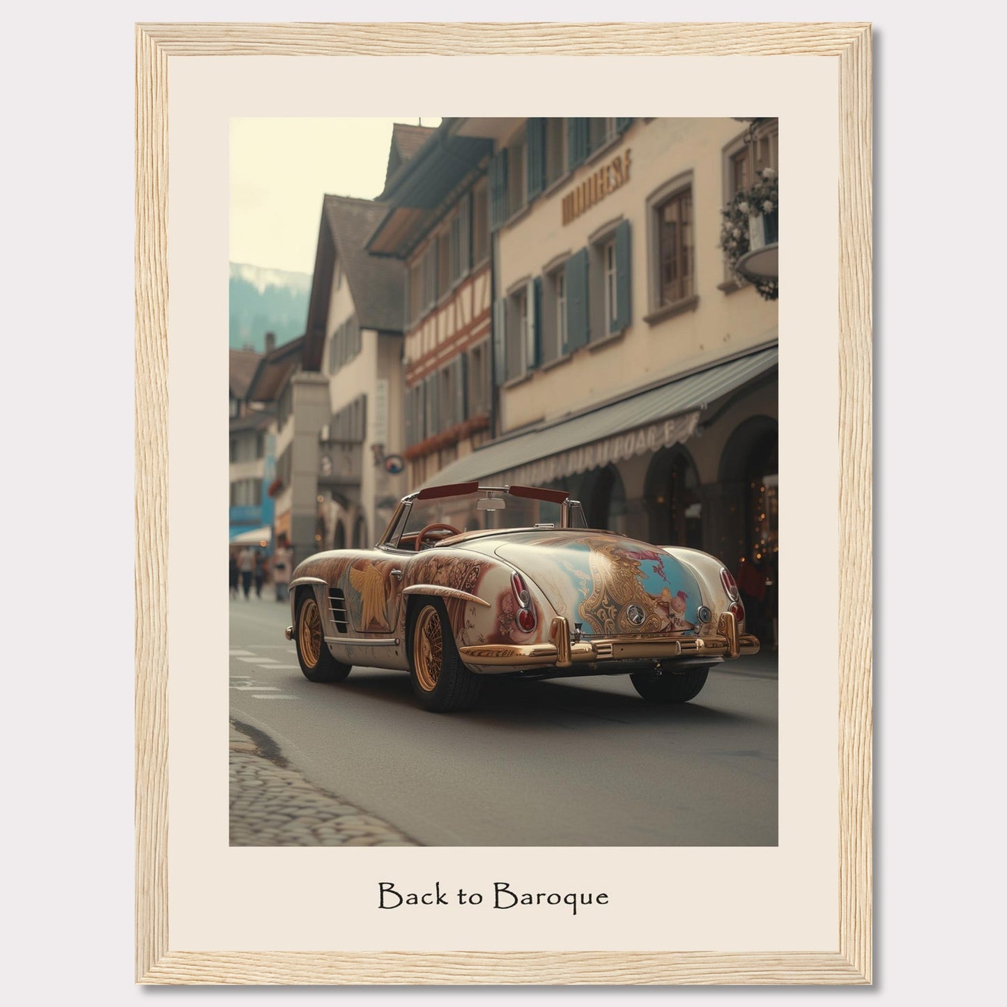 This captivating image showcases a vintage car adorned with intricate Baroque-style artwork, driving through a quaint European street lined with charming buildings. The scene is set against a backdrop of mountains, adding to the picturesque atmosphere.