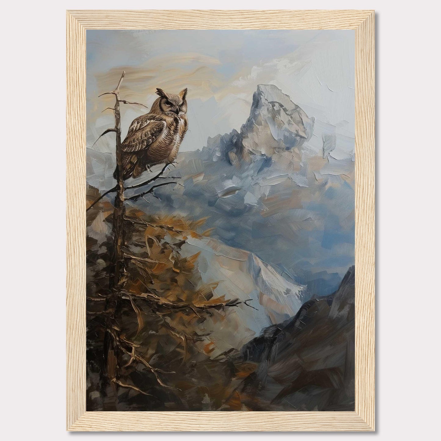 This captivating painting depicts a majestic owl perched on a branch, overlooking a rugged mountain landscape. The scene is rendered in rich, earthy tones and dynamic brushstrokes, capturing the serene yet powerful essence of nature.