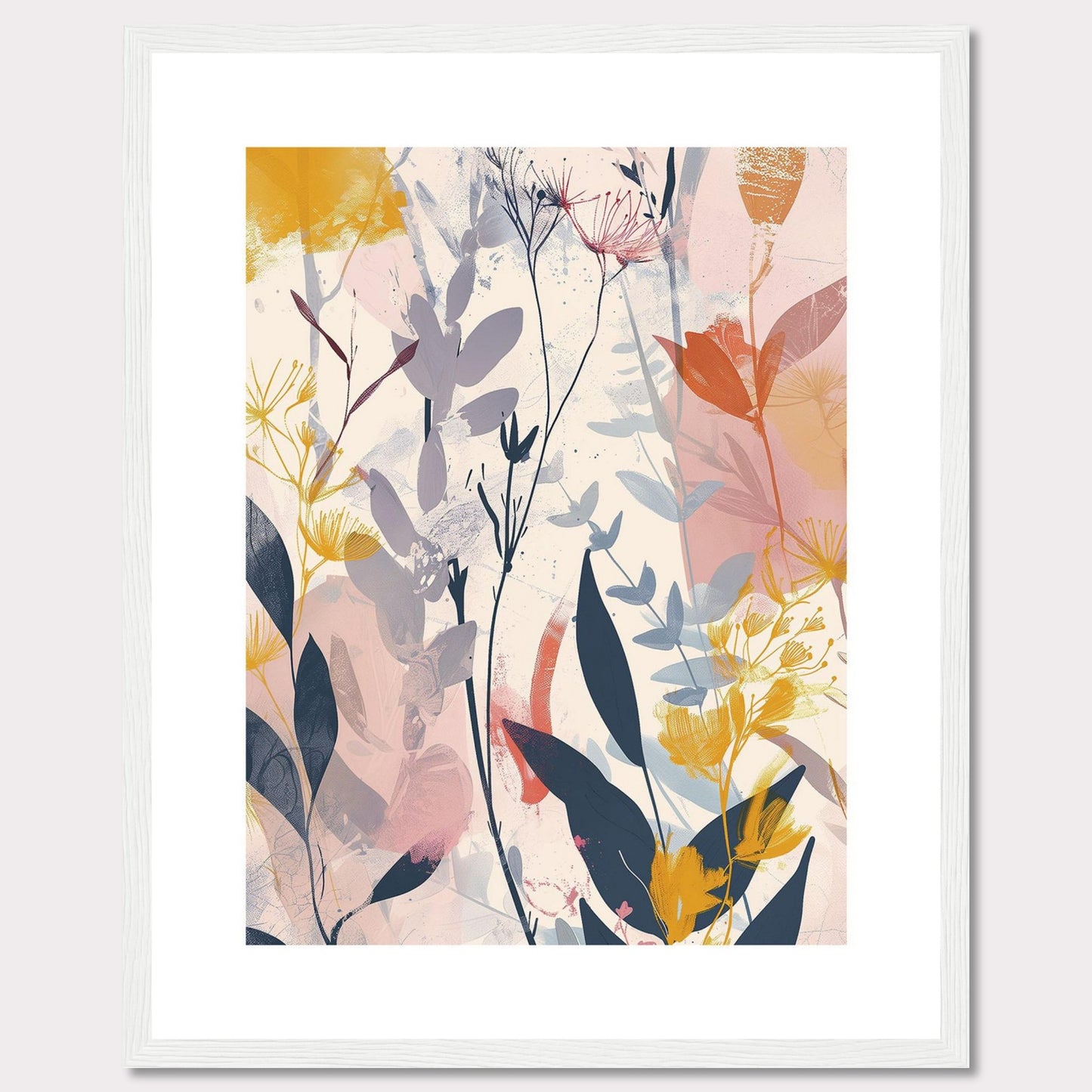 This image showcases a beautiful abstract botanical art print. It features a blend of soft and vibrant colors, depicting various plant forms and leaves.