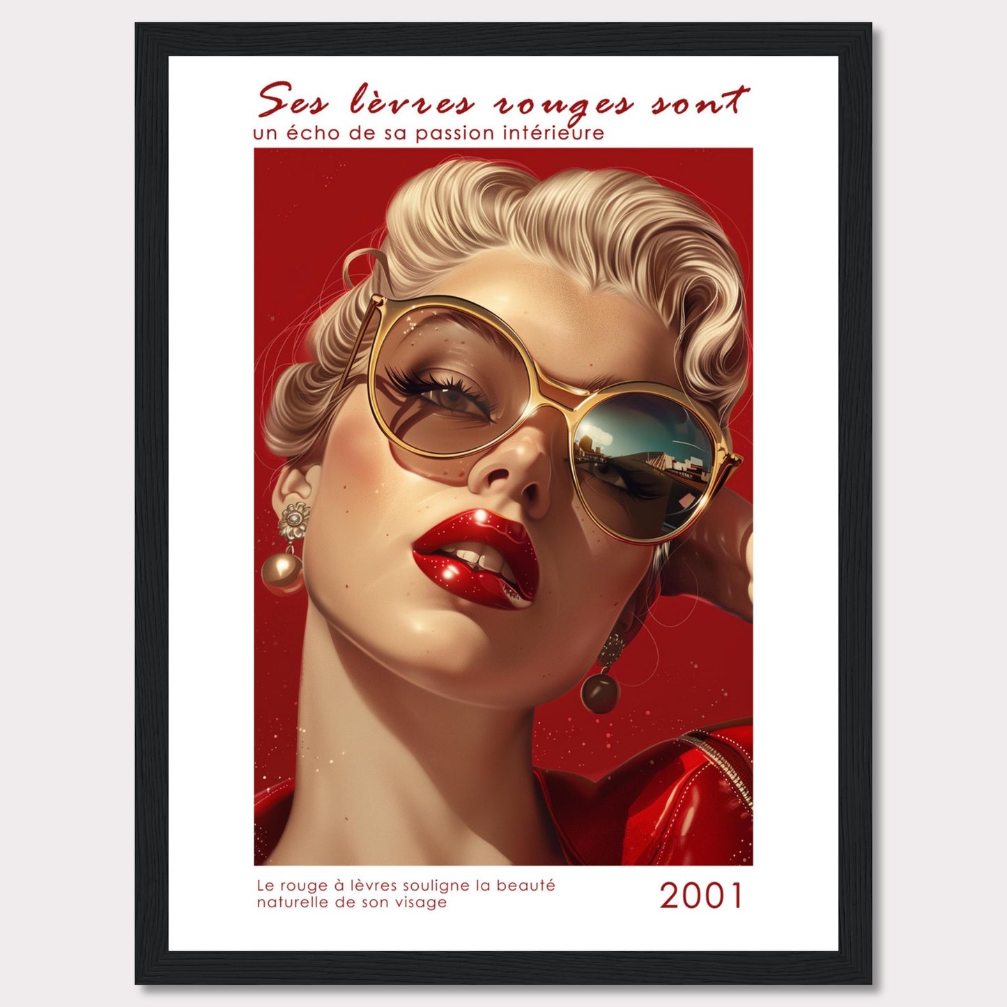 This captivating image features a glamorous woman with bold red lipstick, exuding confidence and allure. Her stylish sunglasses and elegant earrings add to her sophisticated look. The background is a striking red, enhancing the overall intensity of the image.