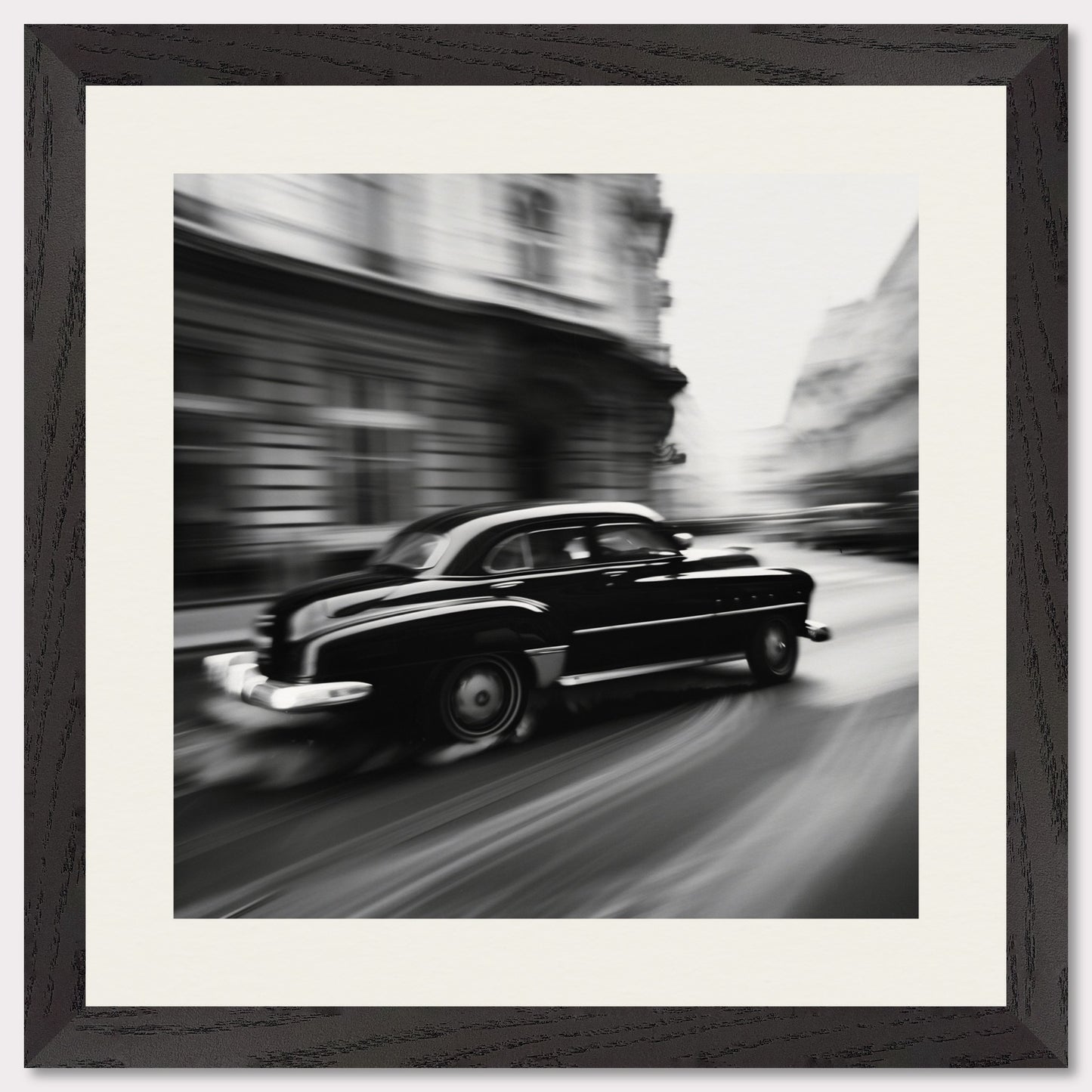 This illustration depicts a black vintage car speeding through a city street, with buildings blurred in the background to convey motion.