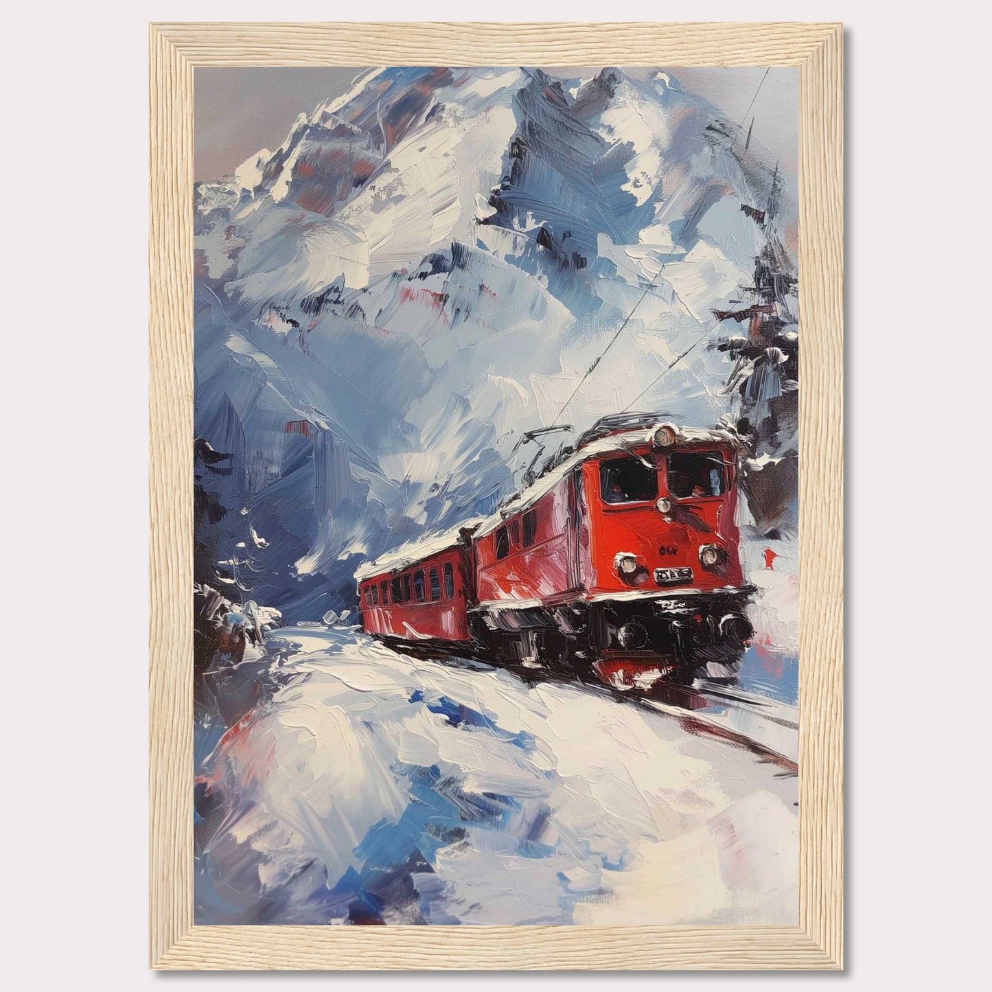 This stunning painting captures a vibrant red train journeying through a snowy mountain landscape. The dynamic brushstrokes convey the movement and energy of the scene, while the towering snow-covered peaks create a breathtaking backdrop.