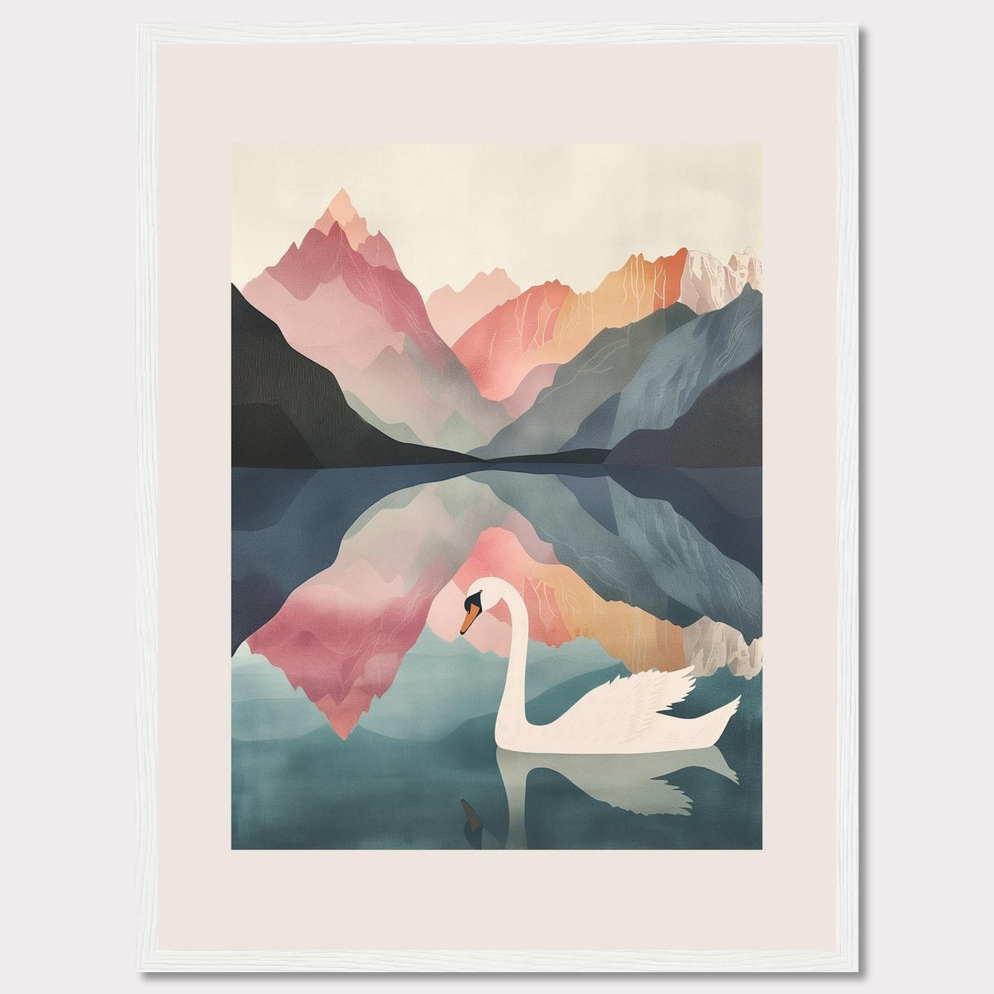 This captivating artwork features a serene swan gliding across a tranquil lake, surrounded by majestic mountains in pastel hues. The reflection of the mountains and the swan in the calm water adds a mesmerizing symmetry to the scene. The soft, muted colors evoke a sense of peace and tranquility.