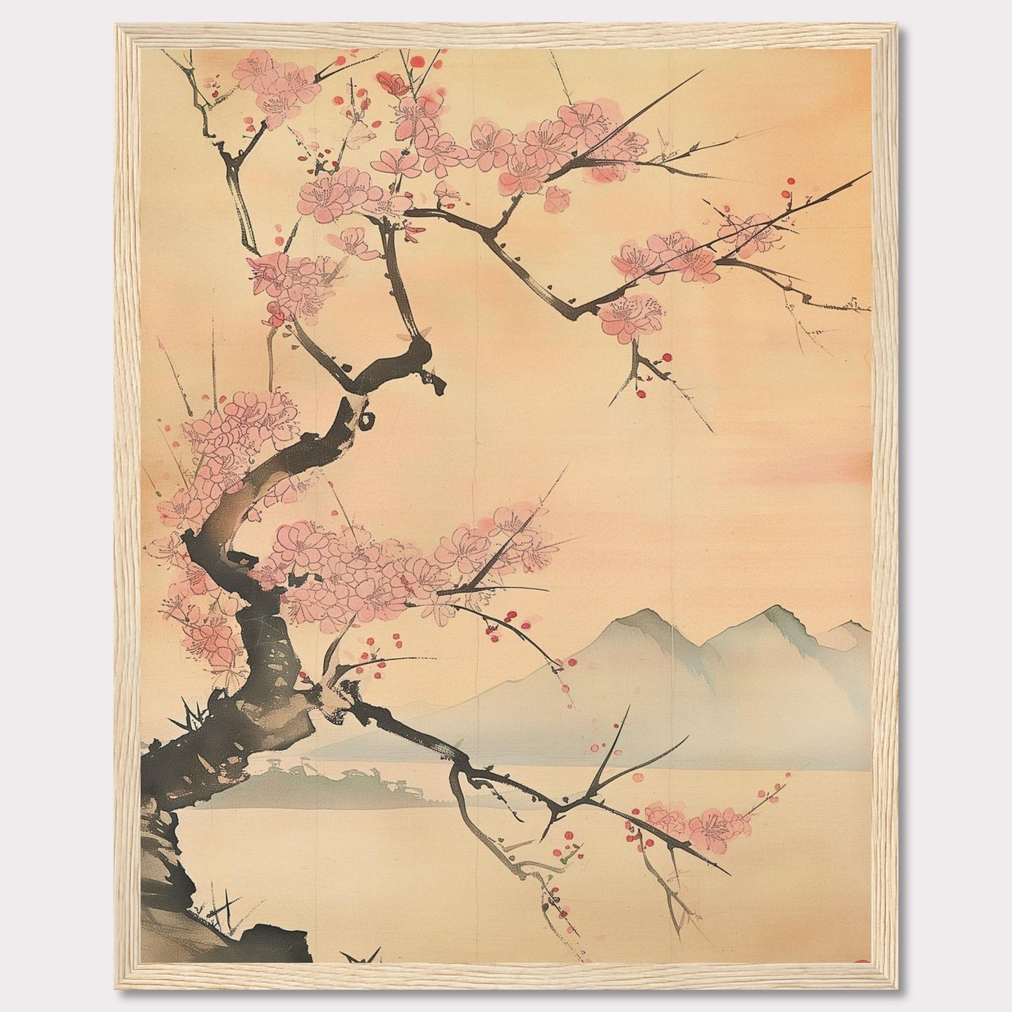 This beautiful artwork features a delicate cherry blossom tree in full bloom against a serene backdrop of distant mountains. The soft pastel hues create a tranquil and calming atmosphere, perfect for any living space.