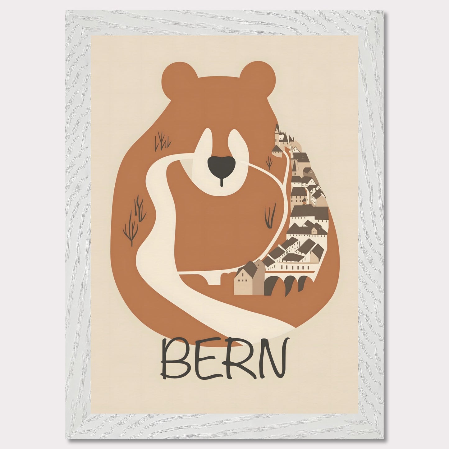 This charming poster features a stylized depiction of Bern, Switzerland, where the iconic bear—symbol of the city—seamlessly merges with the winding streets and historic architecture. The earthy tones and minimalist design evoke a sense of warmth and tradition, reflecting the city's rich history and natural surroundings.