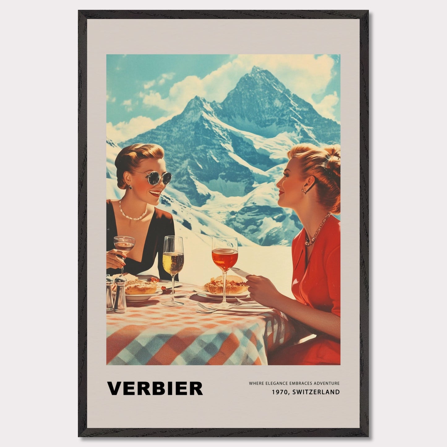 This glamorous poster showcases the refined charm of Verbier, featuring two elegantly dressed women enjoying an alfresco meal with breathtaking alpine peaks as their backdrop. The scene embodies a perfect blend of sophistication and adventure, inviting viewers to savor the unique allure of this Swiss ski destination.