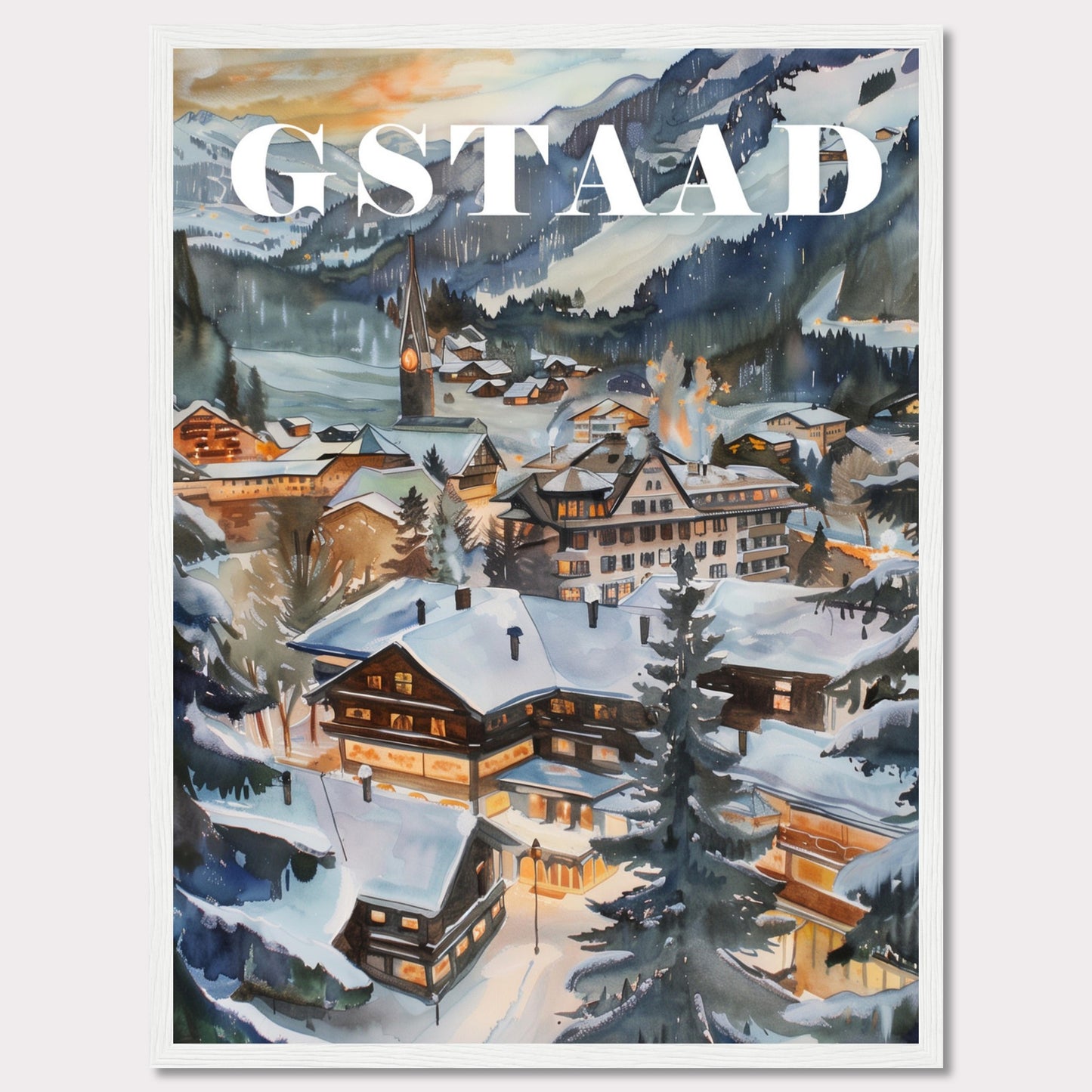 This image showcases a beautiful winter scene of Gstaad, a picturesque village nestled in the Swiss Alps. The painting captures the charm of snow-covered chalets, pine trees, and a serene mountainous backdrop under a soft evening sky.