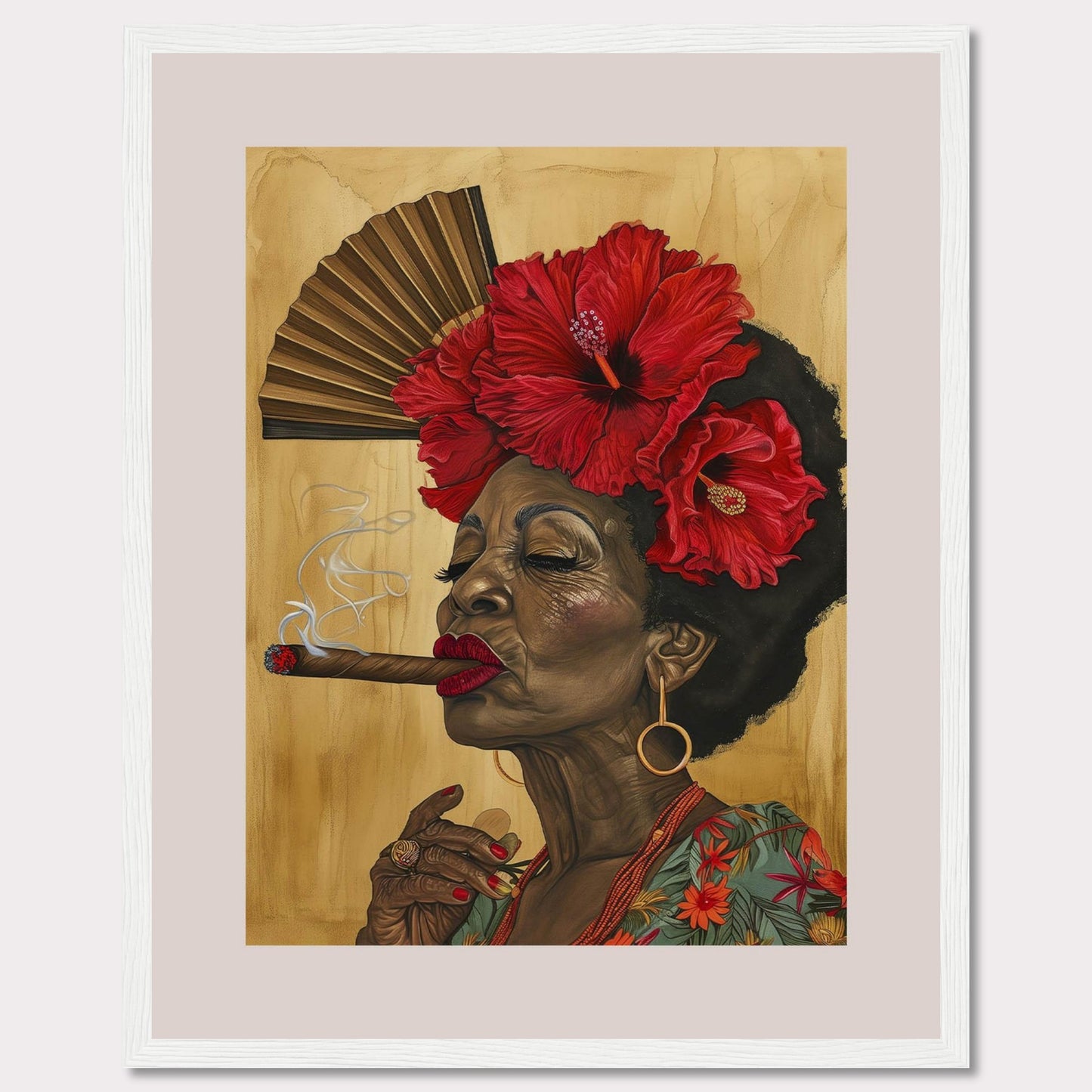 This captivating artwork features a dignified elderly woman smoking a cigar, adorned with vibrant red hibiscus flowers in her hair. Behind her, a traditional hand fan adds a touch of cultural elegance to the scene. The rich colors and intricate details bring out her character and grace.