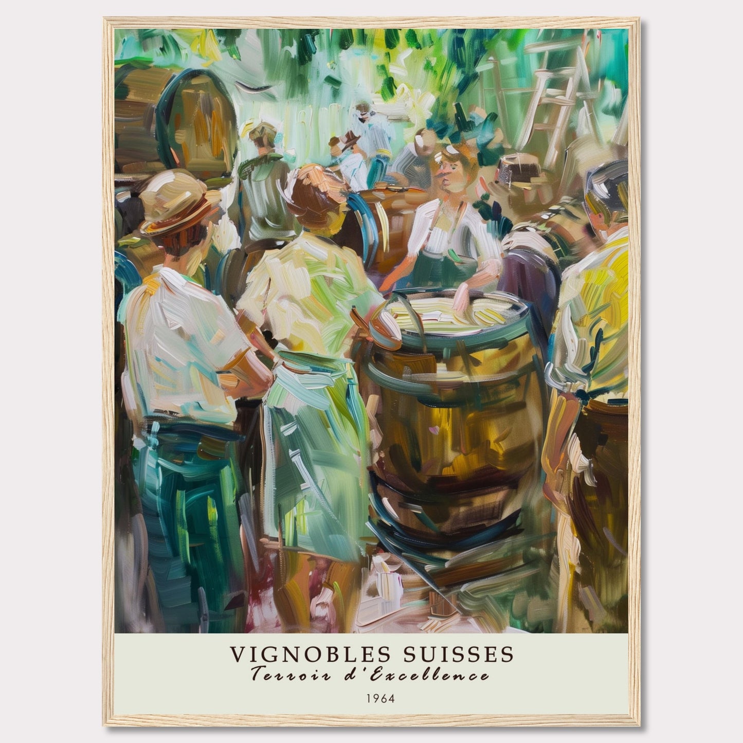 This vibrant painting captures a lively scene of people gathered around wine barrels, reflecting the rich tradition of Swiss vineyards.