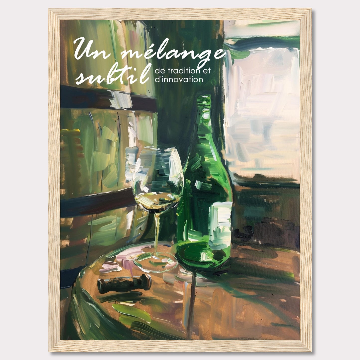 This image showcases a beautifully painted scene of a wine bottle and glass on a wooden table, evoking a sense of sophistication and elegance. The text on the image reads "Un mélange subtil de tradition et d'innovation," which translates to "A subtle blend of tradition and innovation."