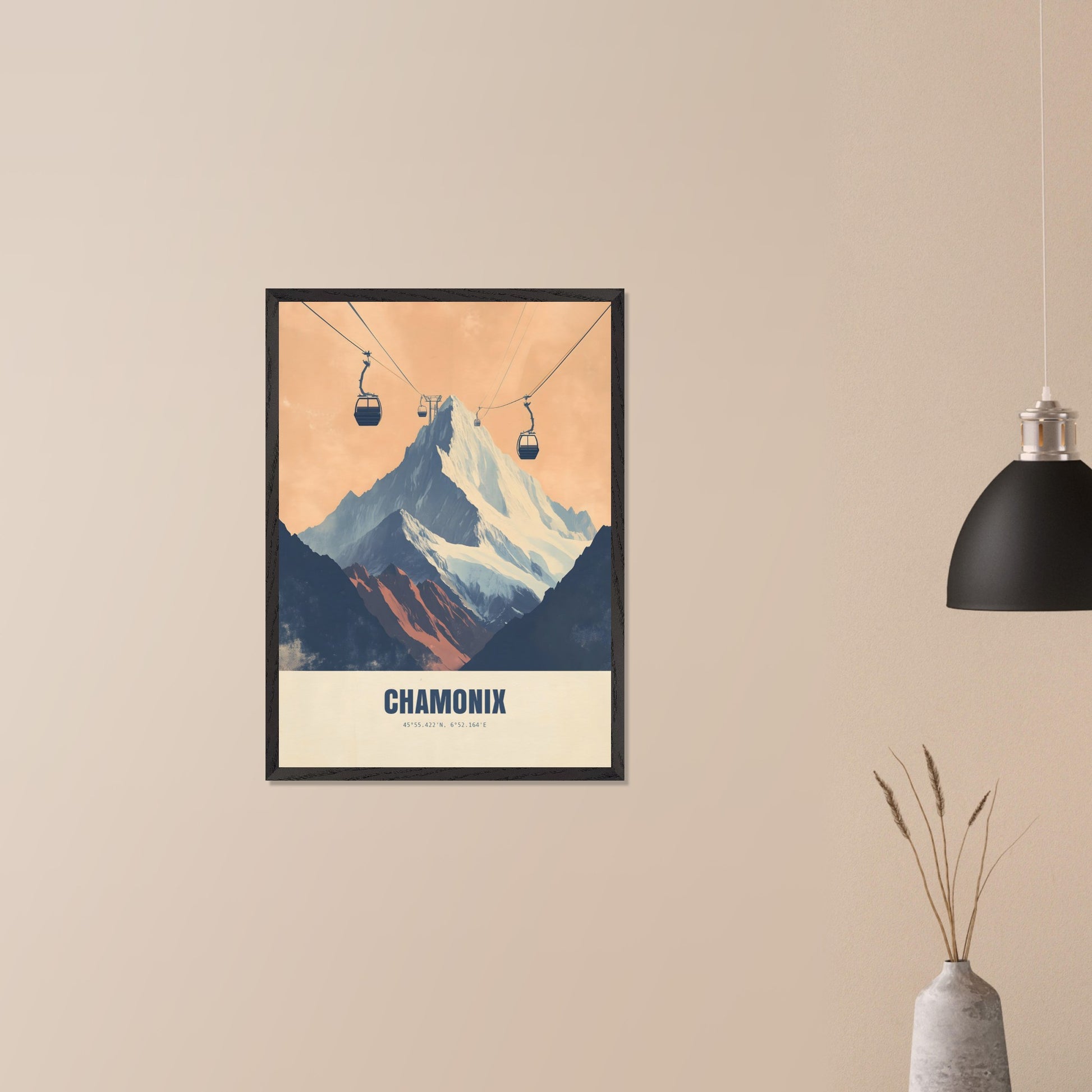 This striking poster showcases the dramatic ascent to Chamonix’s peaks, with cable cars stretching across the sky towards the snow-covered mountains. The bold contrasts between deep shadows and glowing light create an atmosphere of adventure and grandeur.