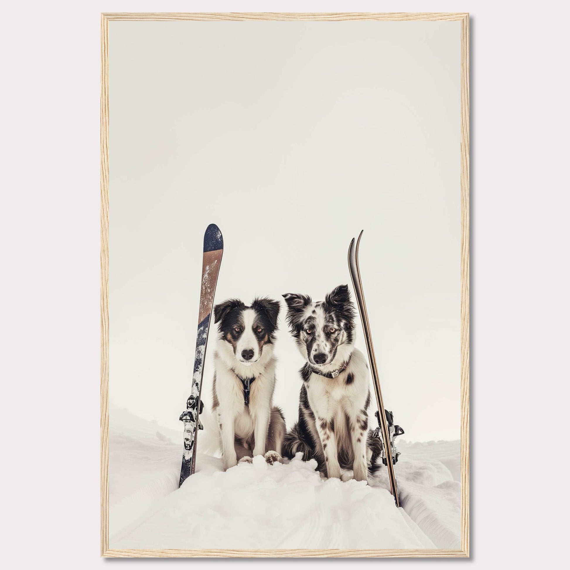 This charming photo captures two adorable dogs sitting in the snow with skis beside them, evoking a sense of adventure and playfulness. The scene is set against a serene snowy backdrop, highlighting the dogs and their playful expressions.