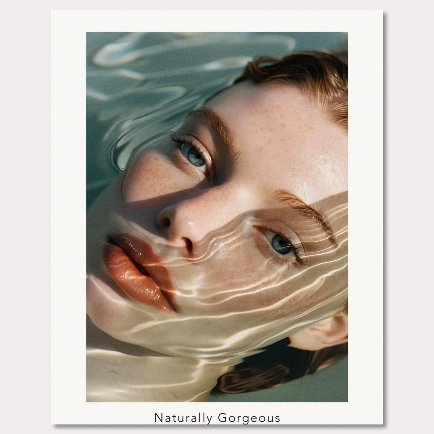 This poster features a close-up illustration of a woman's face partially submerged in water, with light reflections creating a wavy pattern across her skin. The text "Naturally Gorgeous" is displayed below the image.