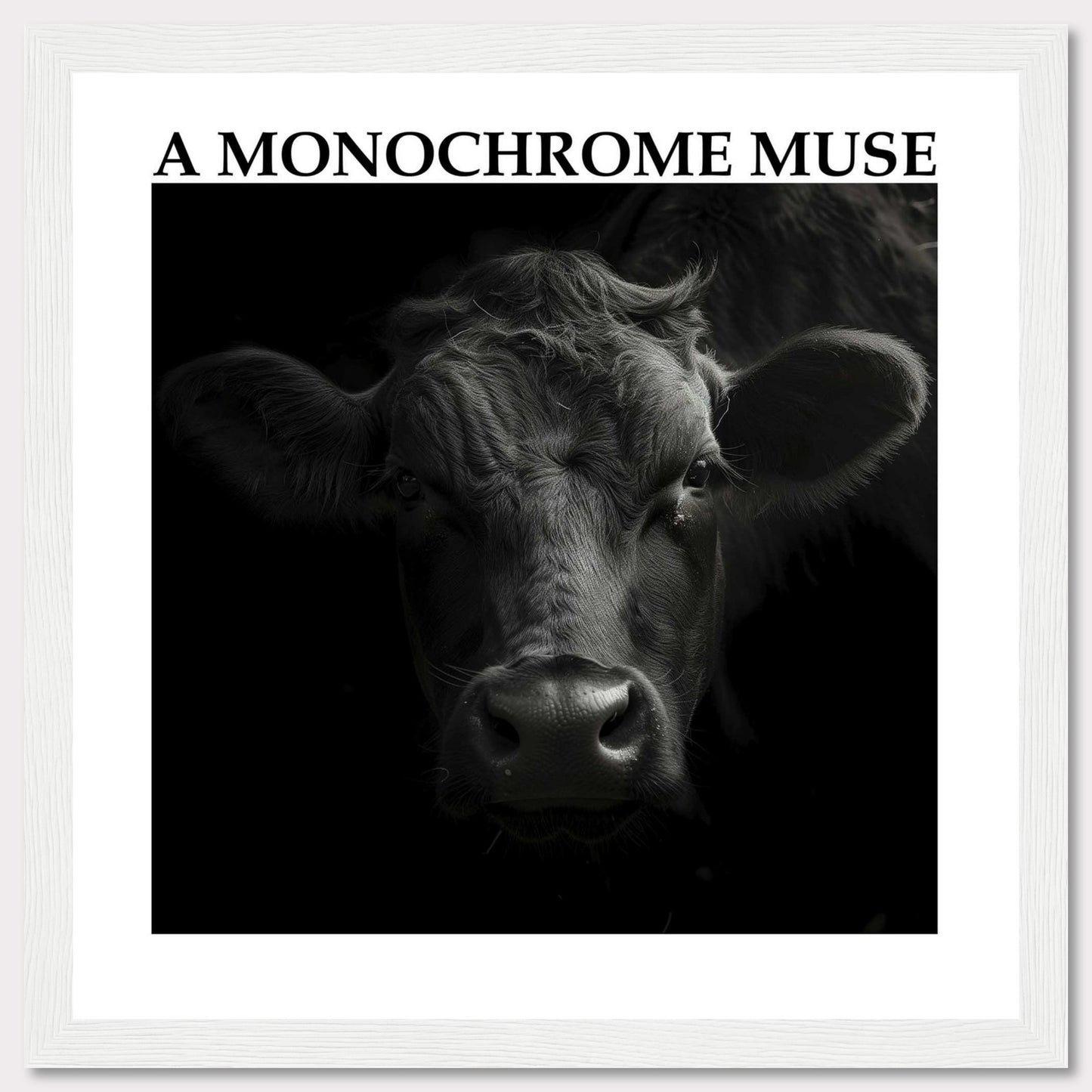 This striking black and white photograph captures the intense gaze of a cow, bringing out its raw beauty and strength. The monochrome effect adds depth and drama to the image, making it a captivating piece of art.