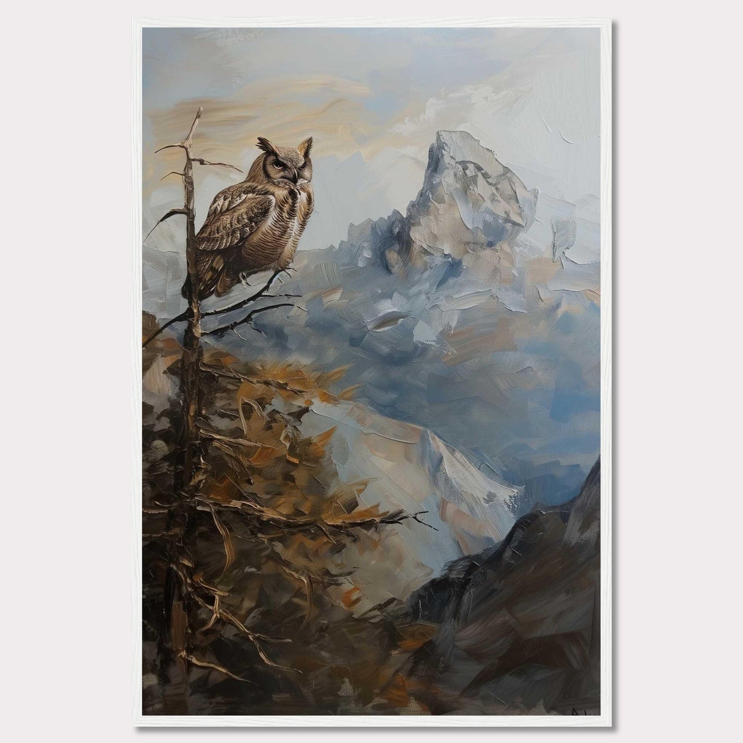 This captivating painting depicts a majestic owl perched on a branch, overlooking a rugged mountain landscape. The scene is rendered in rich, earthy tones and dynamic brushstrokes, capturing the serene yet powerful essence of nature.