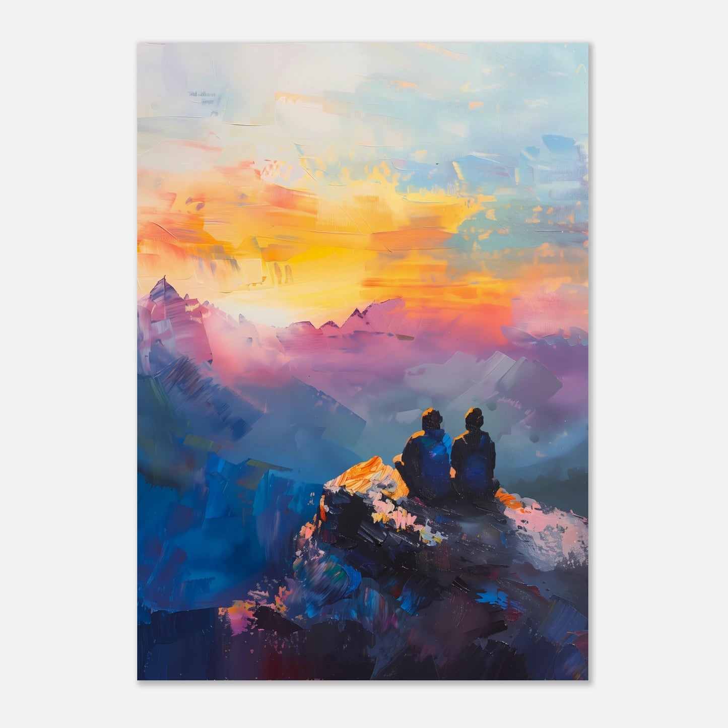 This is an illustration of two people sitting on a rocky cliff, overlooking a vibrant and colorful sunset or sunrise. The sky is painted with warm hues of orange, yellow, and pink, blending into cooler tones of blue and purple.