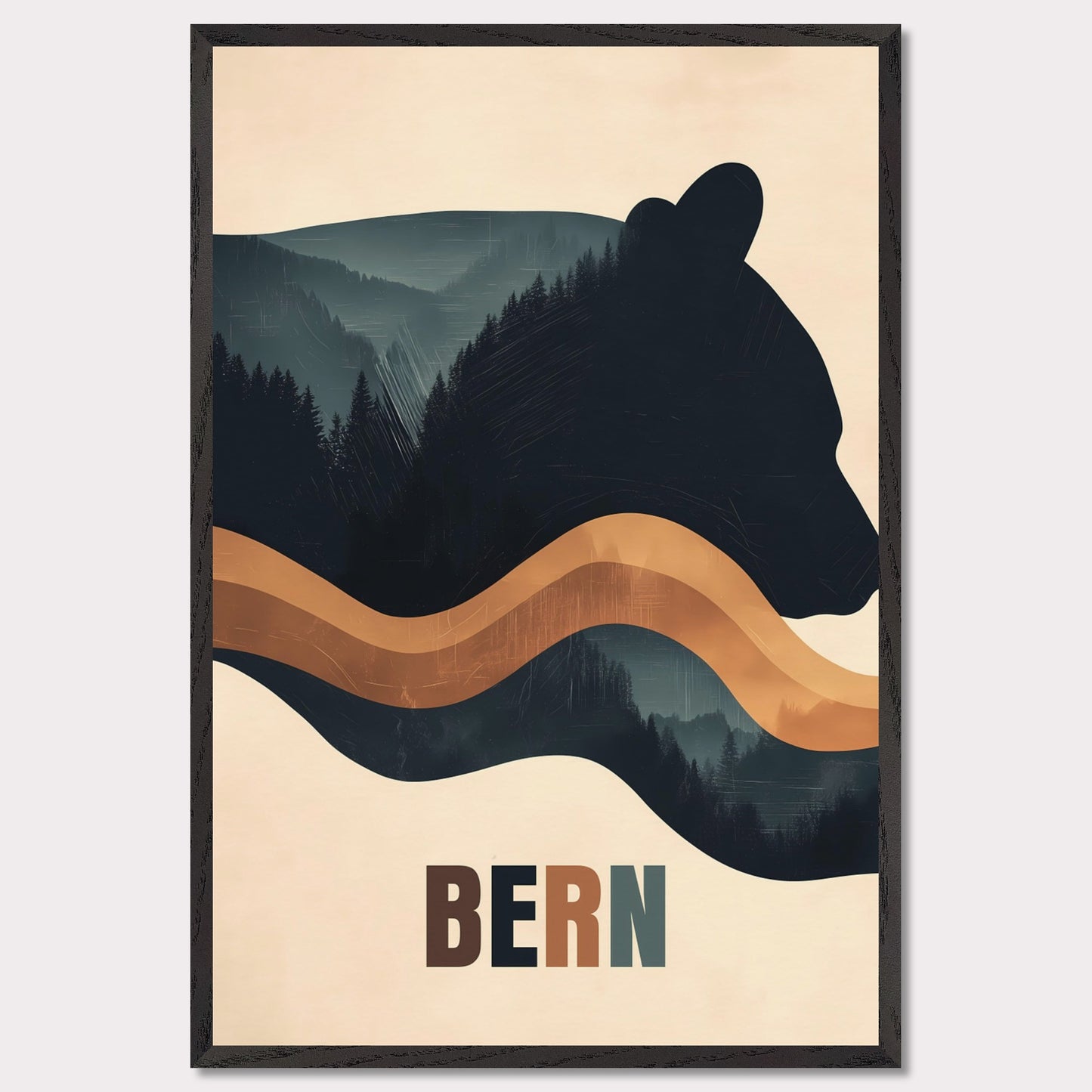 This elegant poster captures the harmony between nature and Bern’s cultural heritage. The silhouette of a bear, the city’s symbol, seamlessly blends with dense forests and flowing lines, creating a sense of tranquility and connection with the surroundings. The minimalist style and warm color palette give the artwork a modern aesthetic.