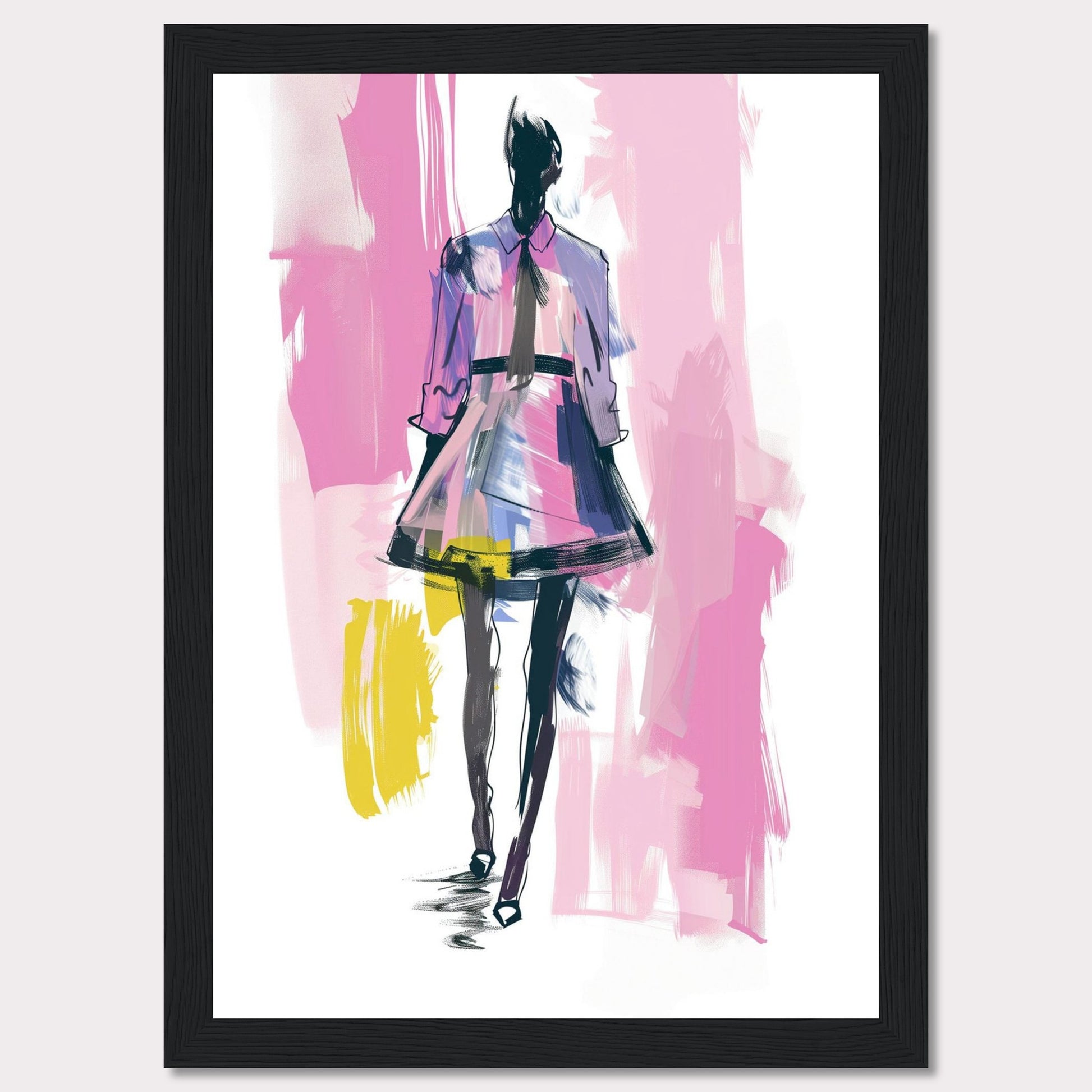 This image showcases a fashion illustration featuring a stylish figure in a vibrant dress. The artwork is characterized by bold brush strokes and a mix of colors, including pink, purple, yellow, and black. The figure exudes confidence, walking forward with purpose.