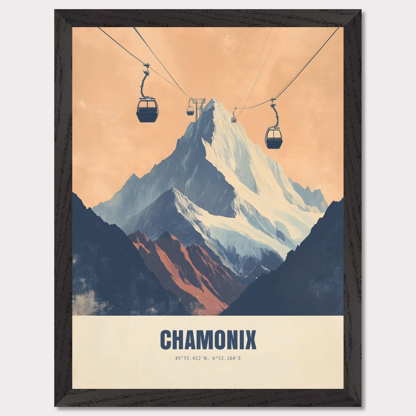 This striking poster showcases the dramatic ascent to Chamonix’s peaks, with cable cars stretching across the sky towards the snow-covered mountains. The bold contrasts between deep shadows and glowing light create an atmosphere of adventure and grandeur.